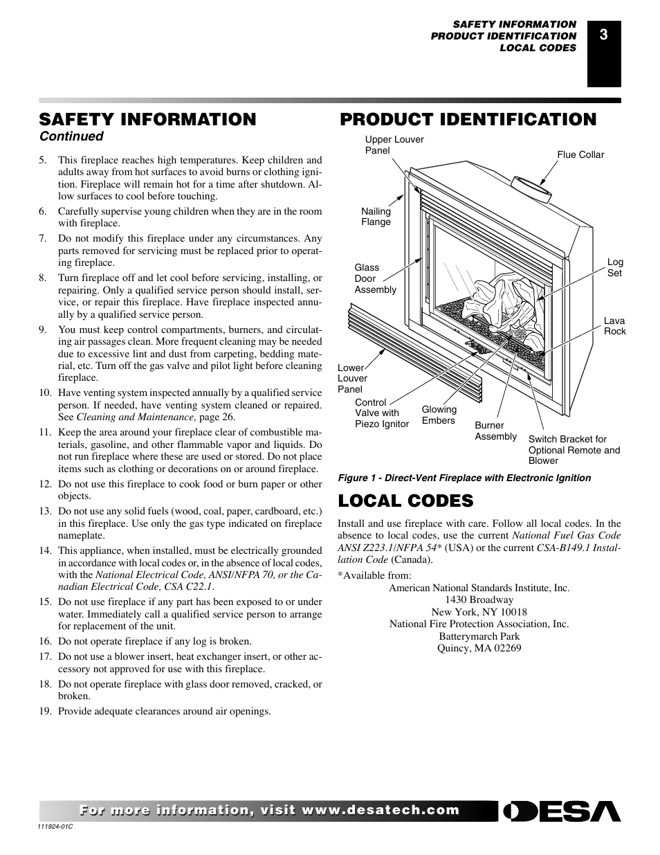 Safety information, Local codes, Product identification | Continued | Desa (V)K36EN User Manual | Page 3 / 38