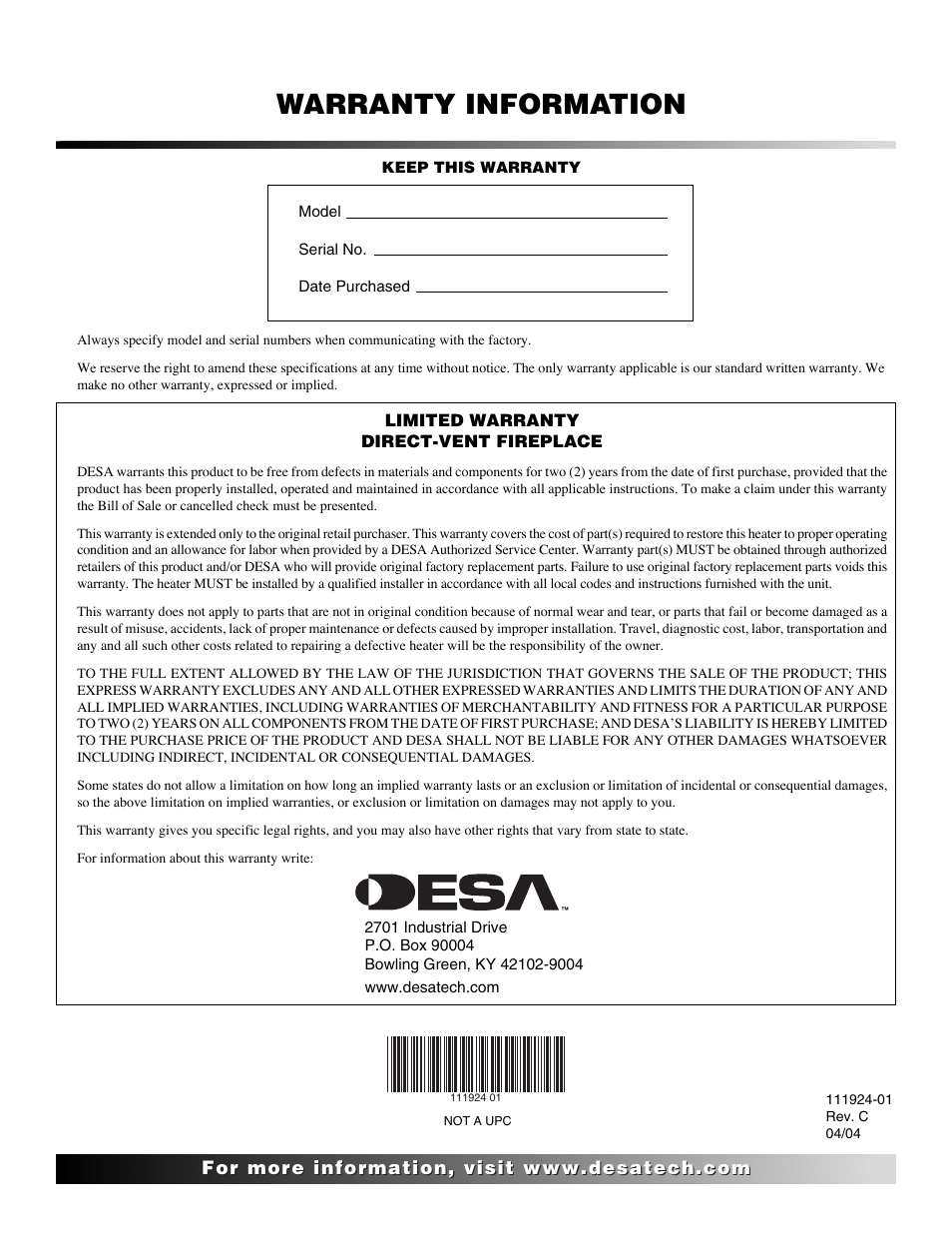 Warranty information | Desa (V)K36EN User Manual | Page 38 / 38