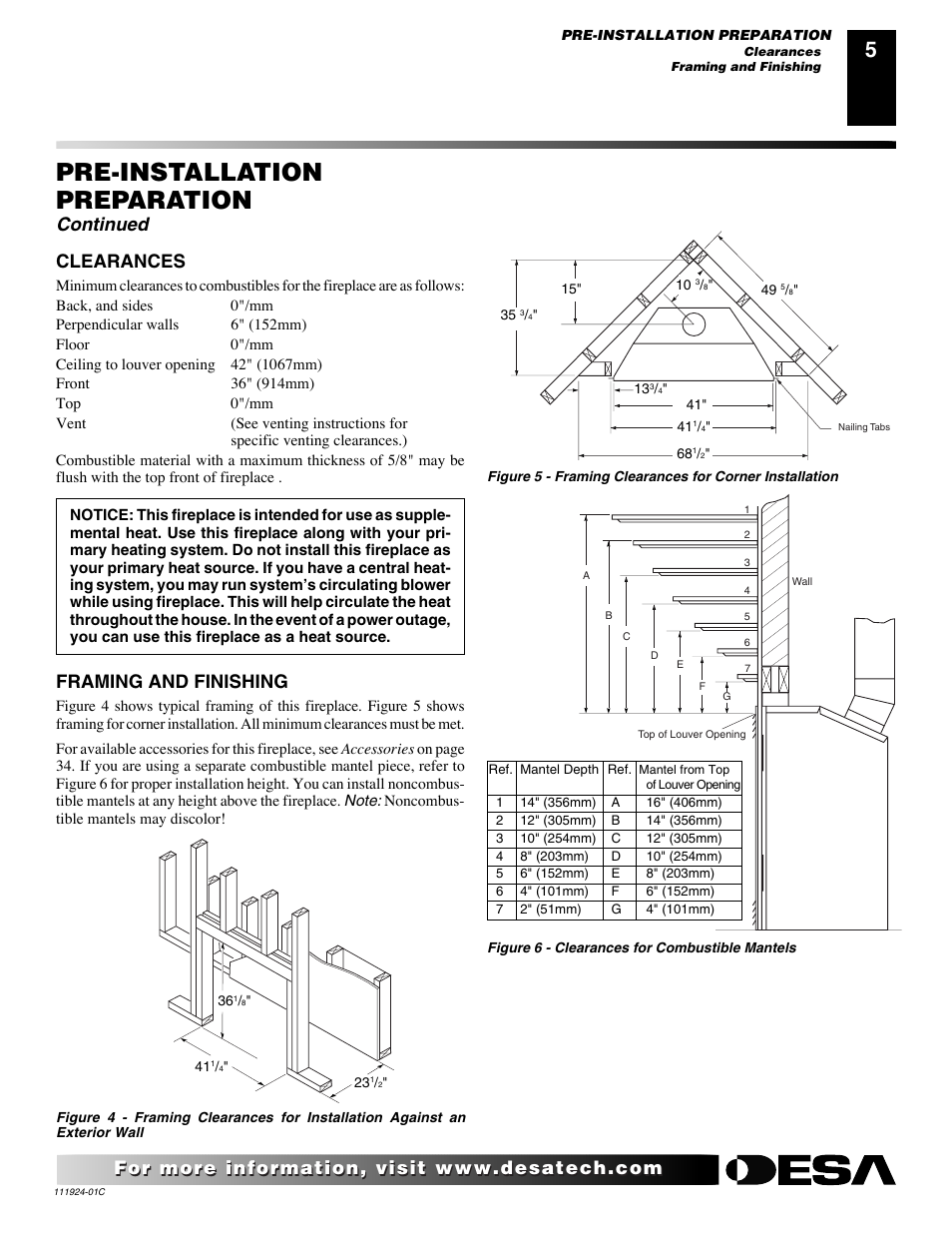 Pre-installation preparation, Continued, Clearances | Framing and finishing | Desa (V)K36EN User Manual | Page 5 / 38