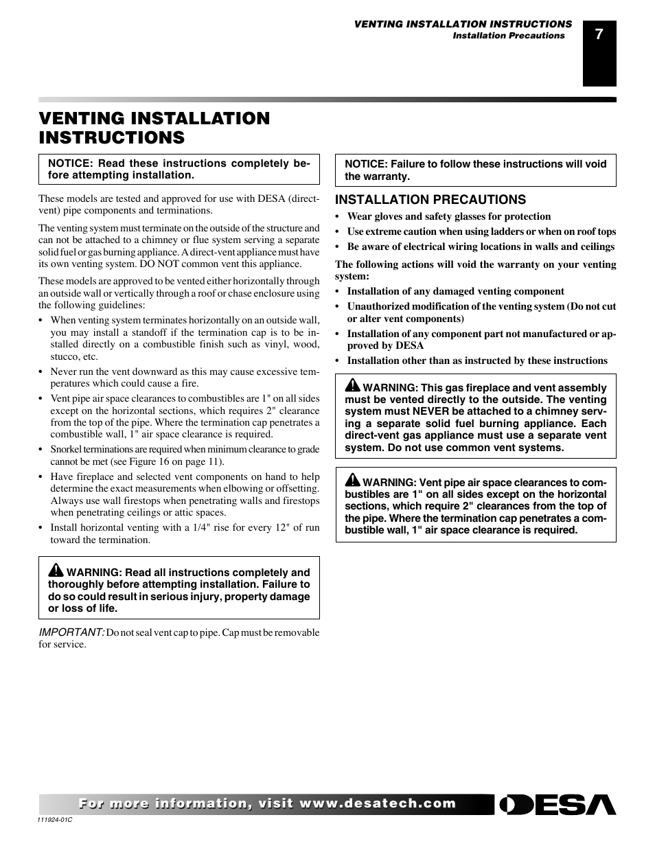 Venting installation instructions | Desa (V)K36EN User Manual | Page 7 / 38