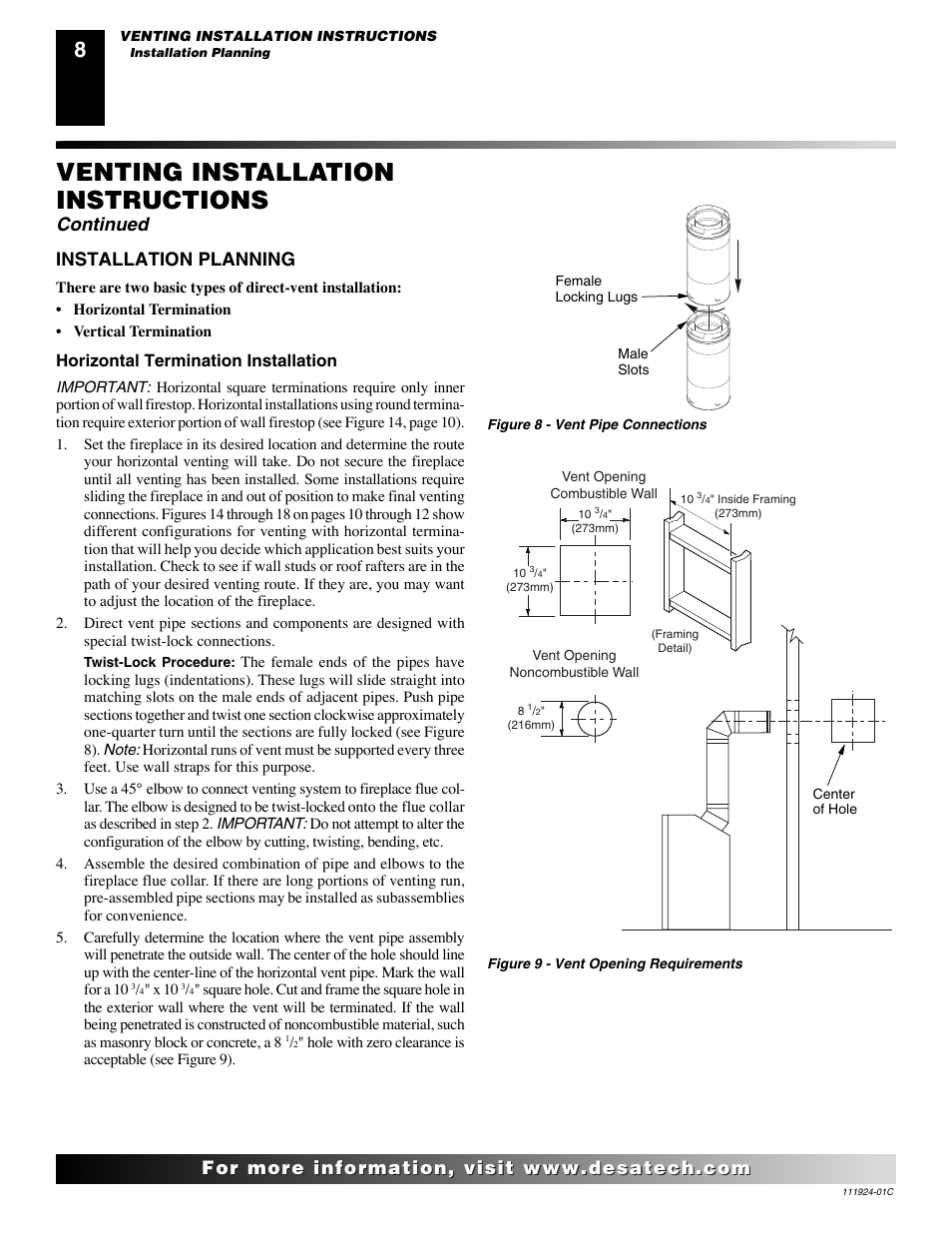 Venting installation instructions, Continued, Installation planning | Horizontal termination installation | Desa (V)K36EN User Manual | Page 8 / 38