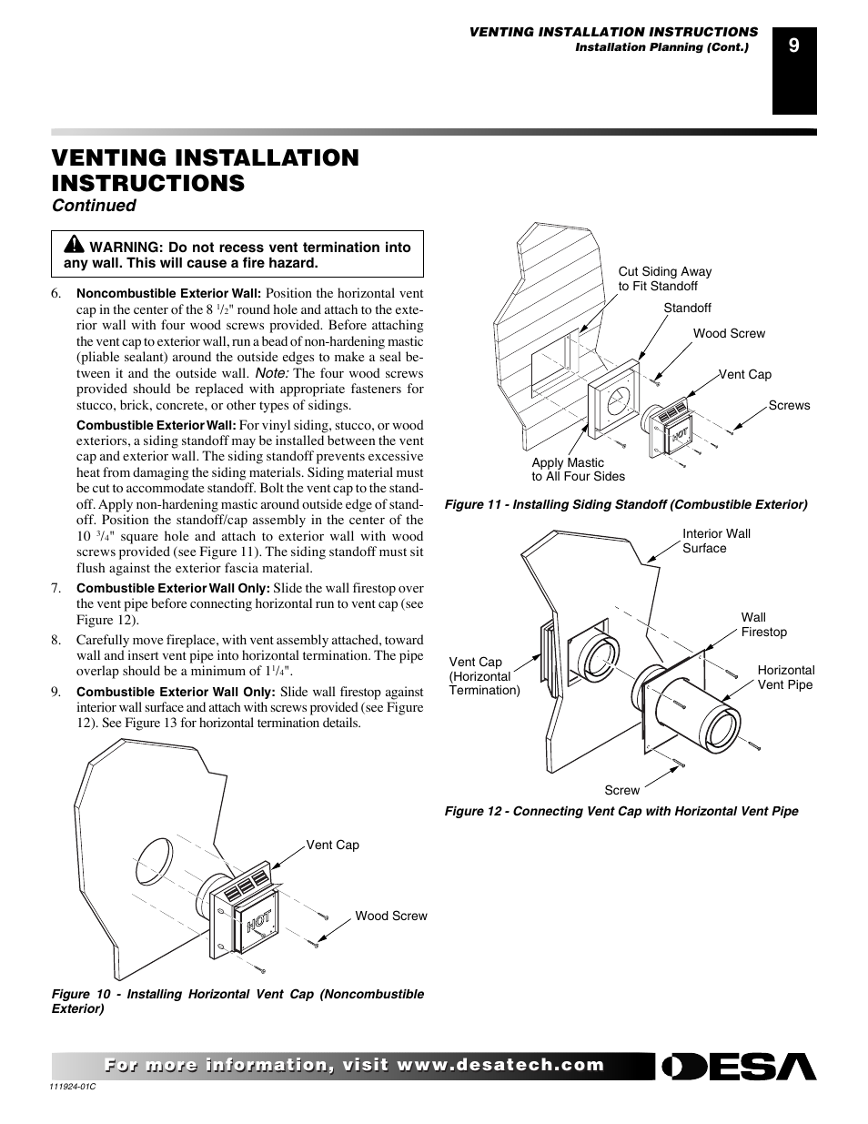 Venting installation instructions, Continued | Desa (V)K36EN User Manual | Page 9 / 38