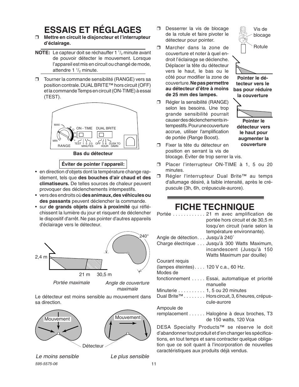 Fiche technique, Essais et réglages | Desa SL-5512 User Manual | Page 11 / 12