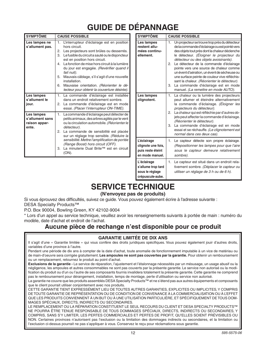 Guide de dépannage, Service technique, N'envoyez pas de produits) | Desa SL-5512 User Manual | Page 12 / 12