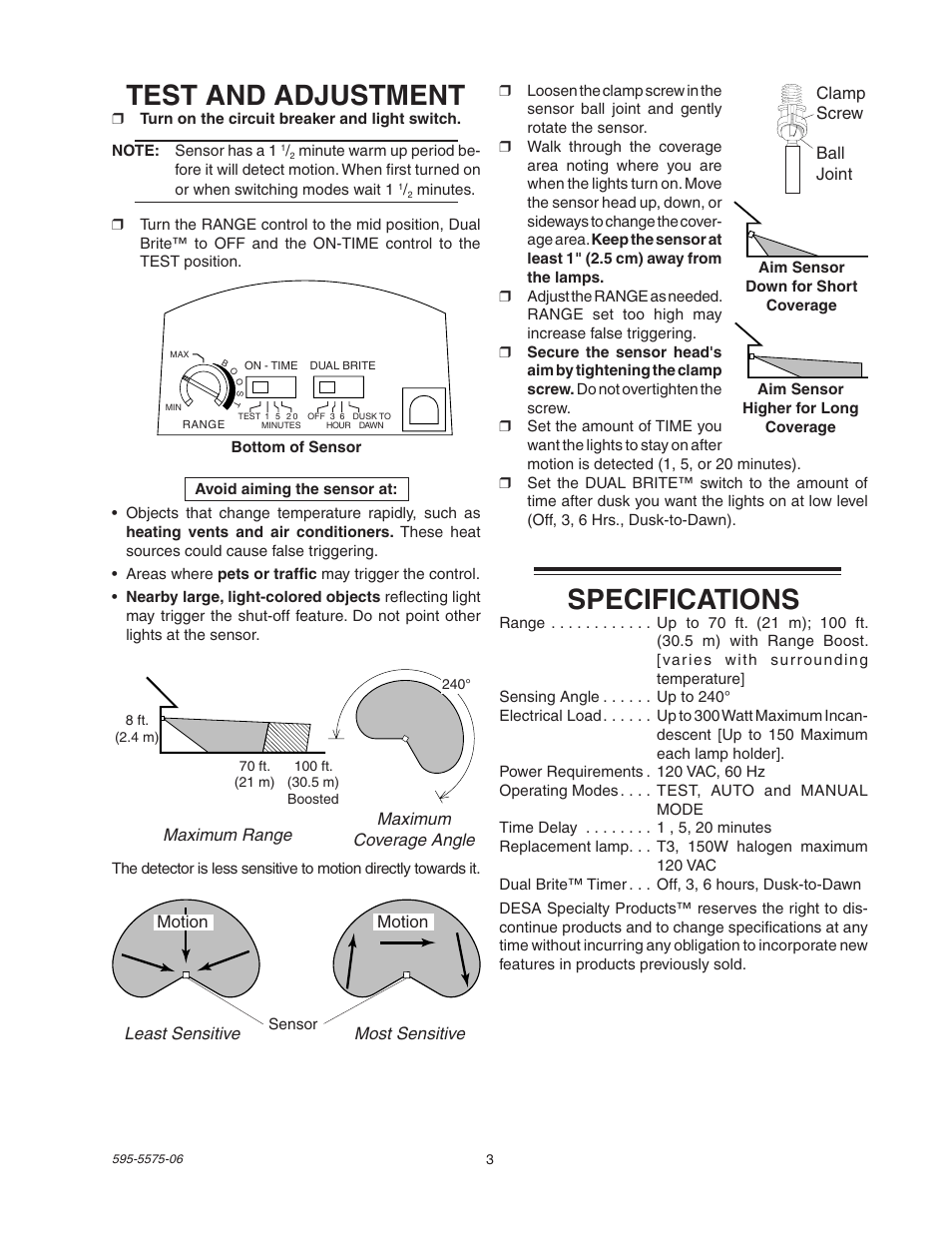 Specifications, Test and adjustment | Desa SL-5512 User Manual | Page 3 / 12