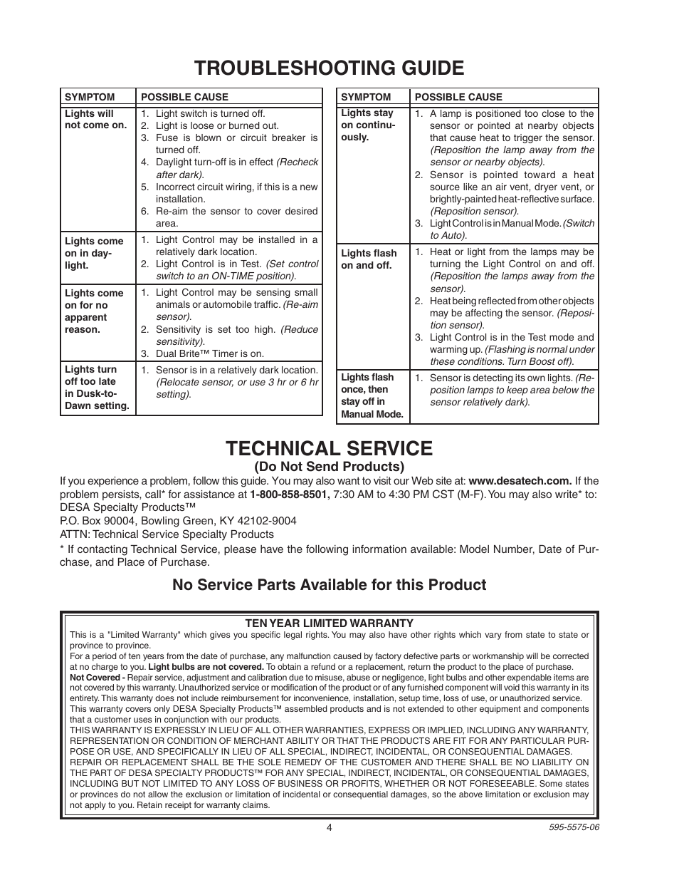 Troubleshooting guide, Technical service, No service parts available for this product | Desa SL-5512 User Manual | Page 4 / 12