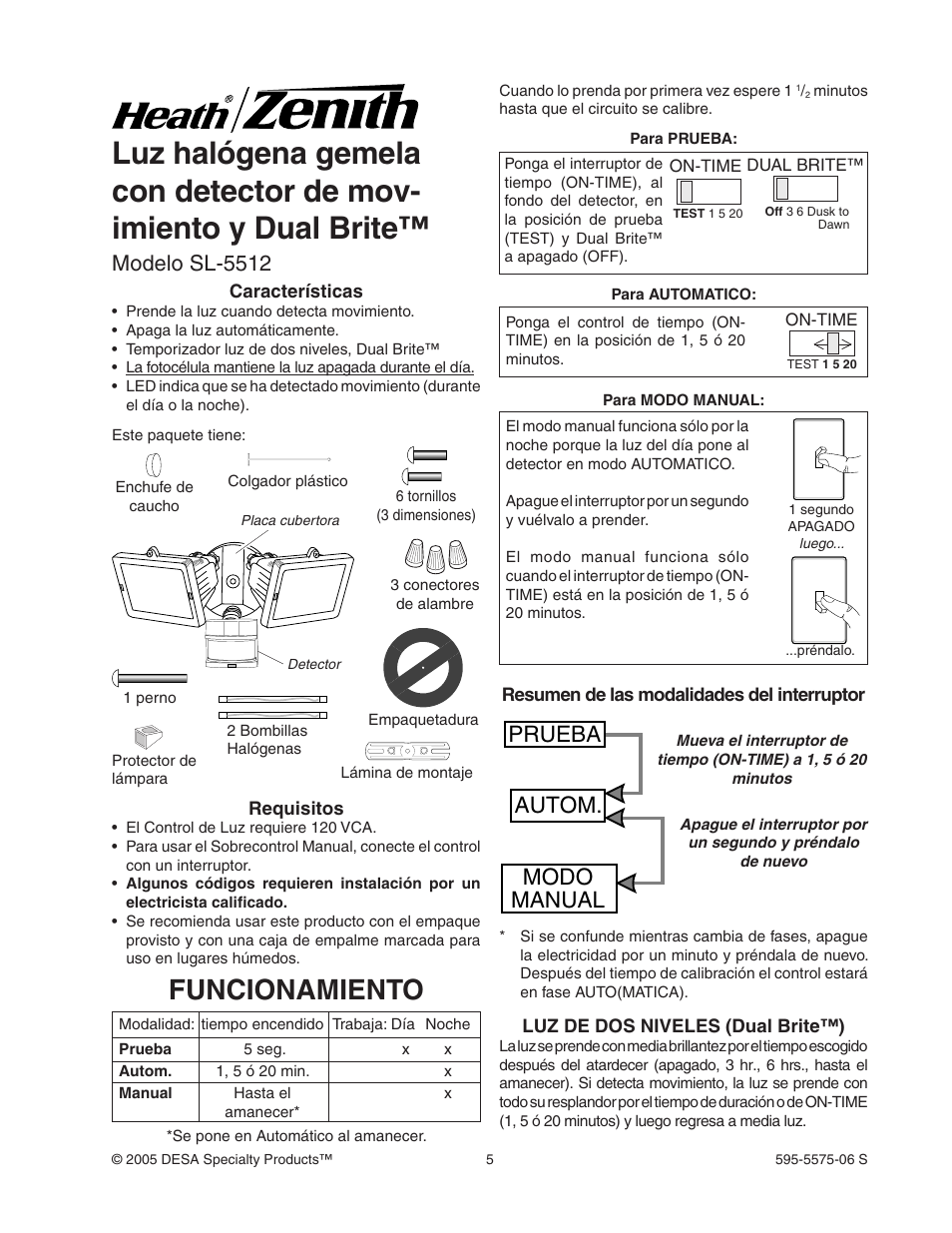 Funcionamiento, Prueba autom. modo manual, Modelo sl-5512 | Desa SL-5512 User Manual | Page 5 / 12