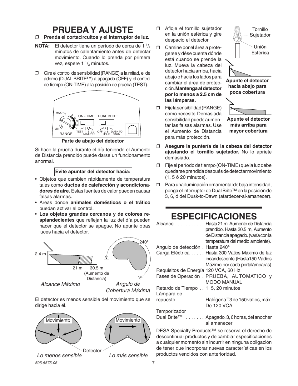 Prueba y ajuste, Especificaciones | Desa SL-5512 User Manual | Page 7 / 12