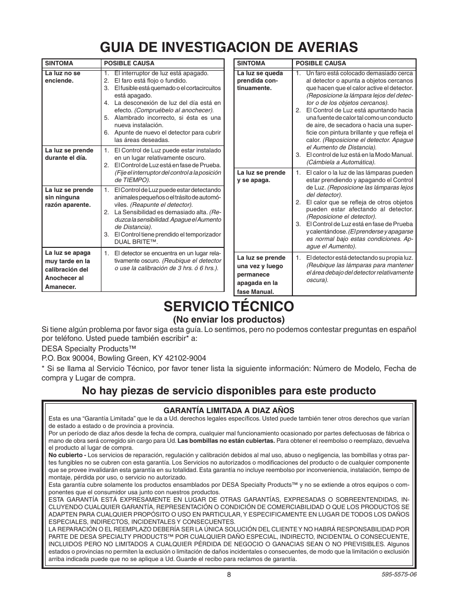 Guia de investigacion de averias, Servicio técnico, No enviar los productos) | Desa SL-5512 User Manual | Page 8 / 12