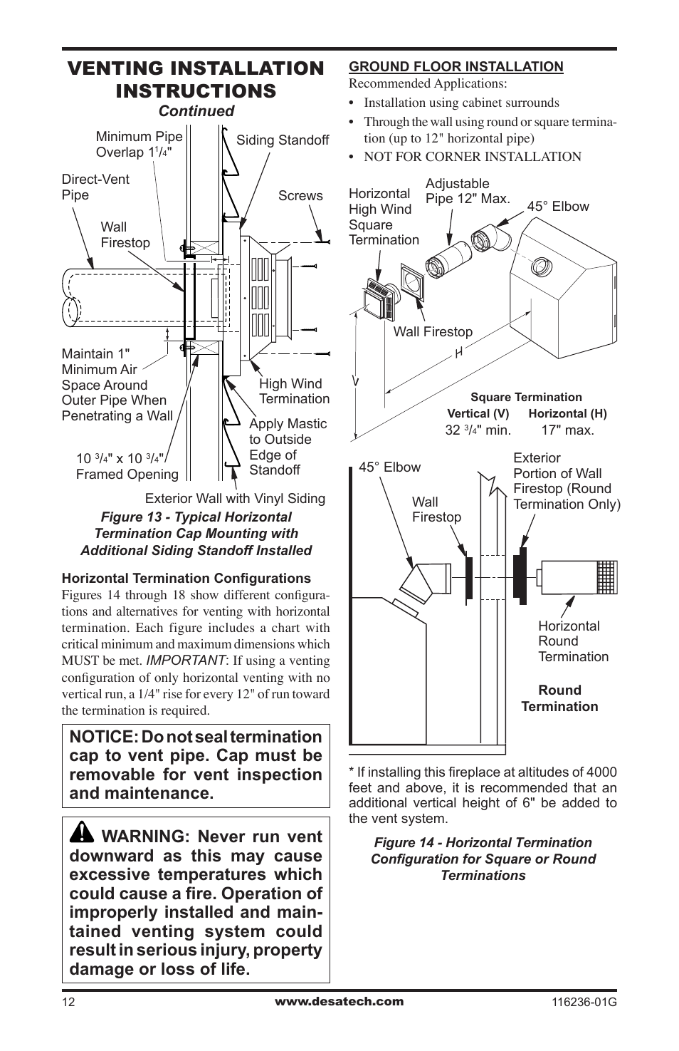 Venting installation instructions | Desa CGCDV42PR  EN User Manual | Page 12 / 44