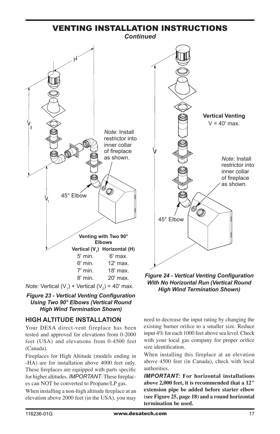 Venting installation instructions | Desa CGCDV42PR  EN User Manual | Page 17 / 44