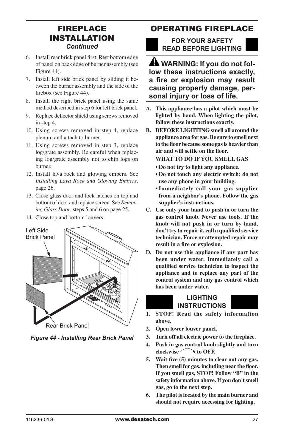 Operating fireplace, Fireplace installation | Desa CGCDV42PR  EN User Manual | Page 27 / 44