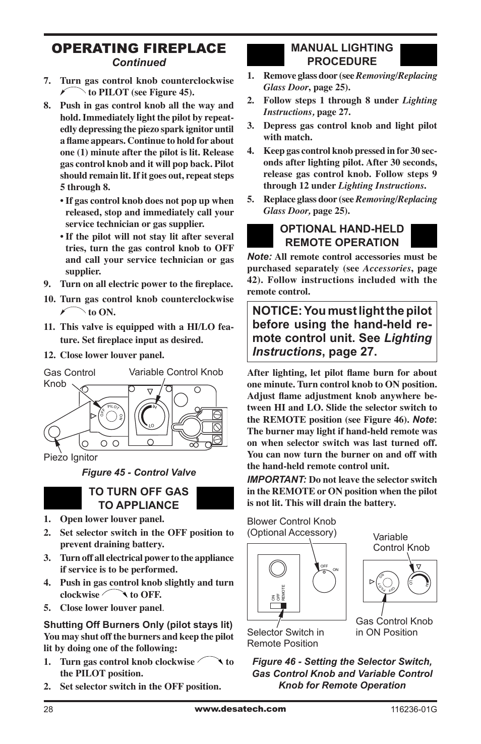 Operating fireplace, Continued, Manual lighting procedure | Optional hand-held remote operation | Desa CGCDV42PR  EN User Manual | Page 28 / 44