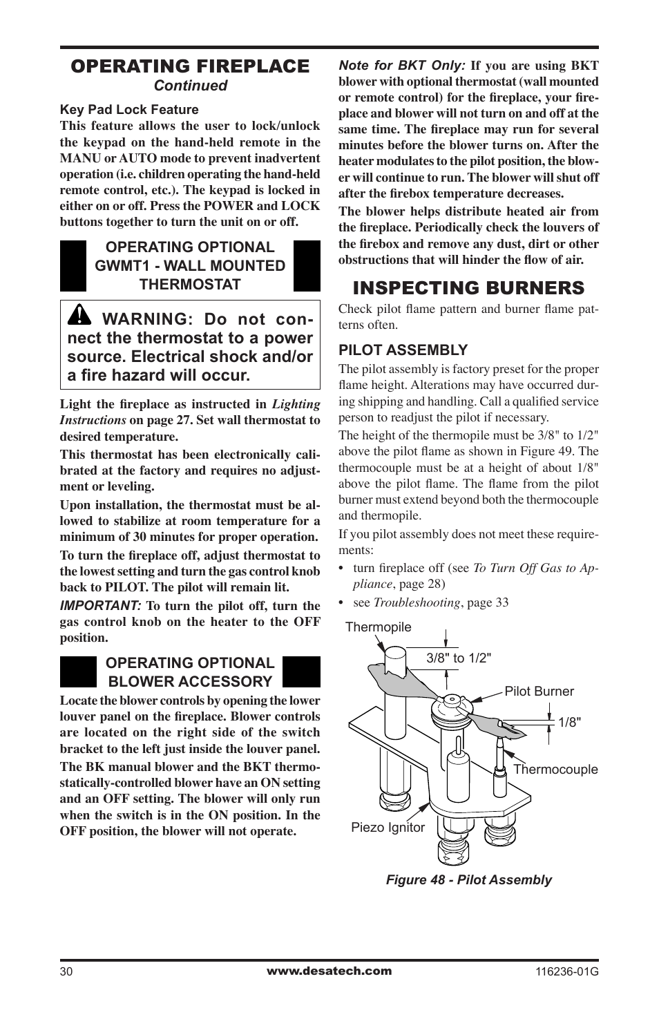 Inspecting burners, Operating fireplace | Desa CGCDV42PR  EN User Manual | Page 30 / 44