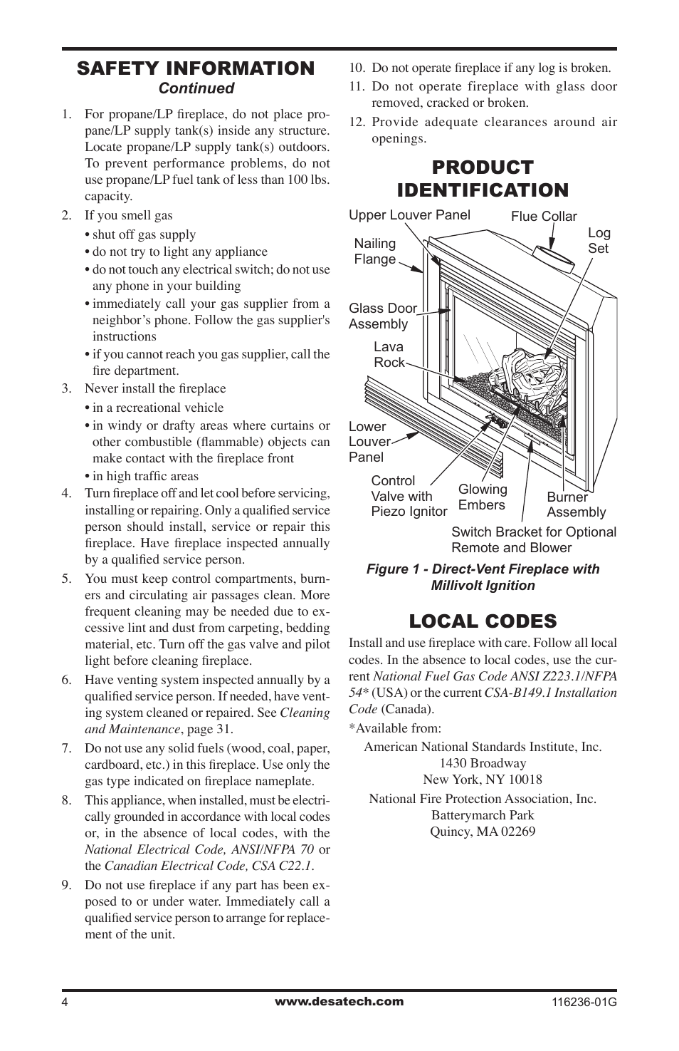 Product identification, Safety information, Local codes | Desa CGCDV42PR  EN User Manual | Page 4 / 44