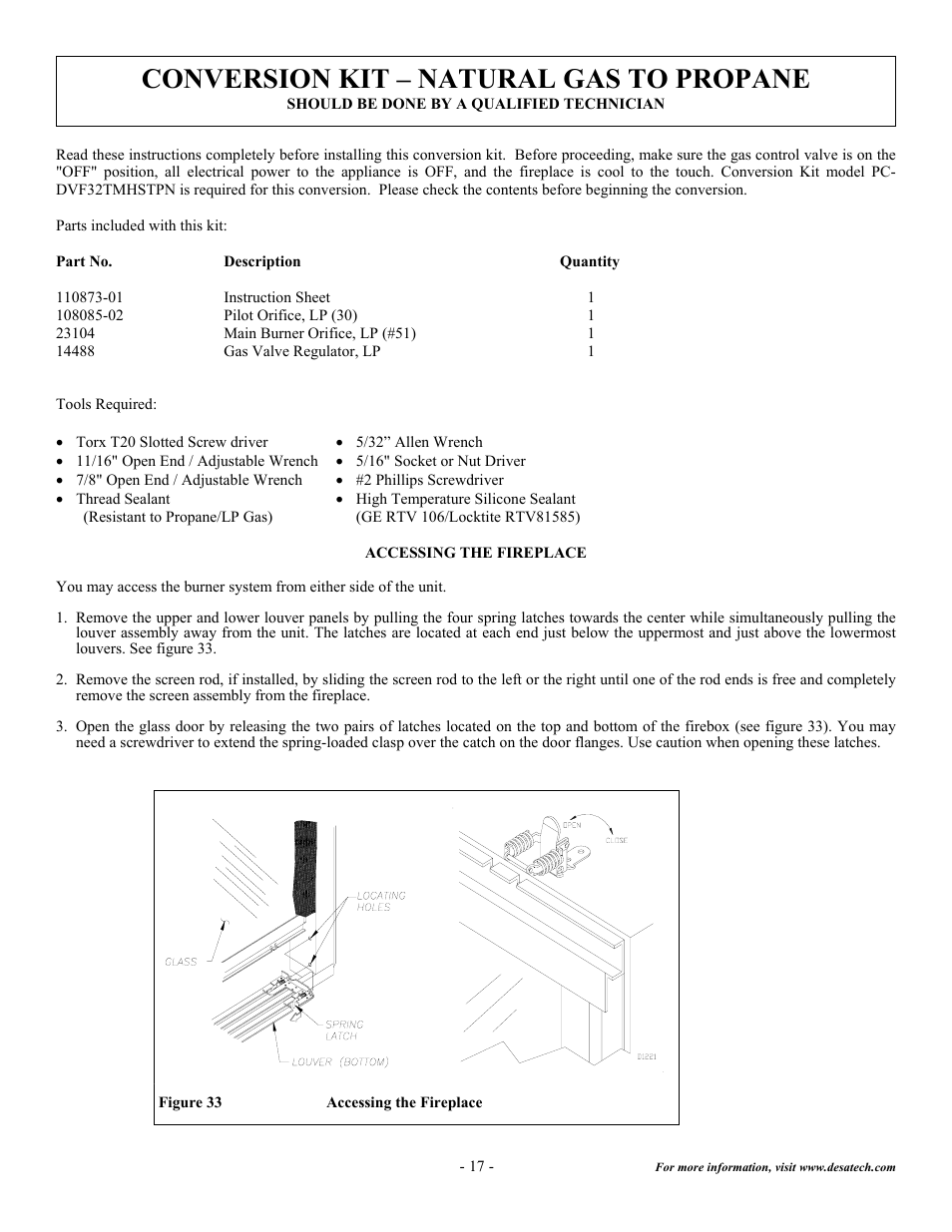 Conversion kit – natural gas to propane | Desa DVF32TMHST User Manual | Page 18 / 21
