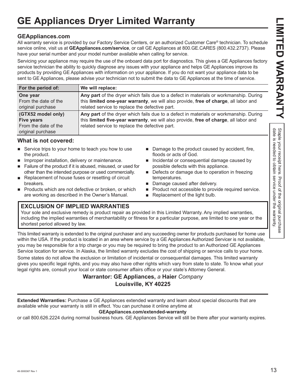 Limited w arranty, Ge appliances dryer limited warranty | Napoleon 48 Inch Phantom Rogue SE 425 Propane Grill Owner Guide User Manual | Page 13 / 28