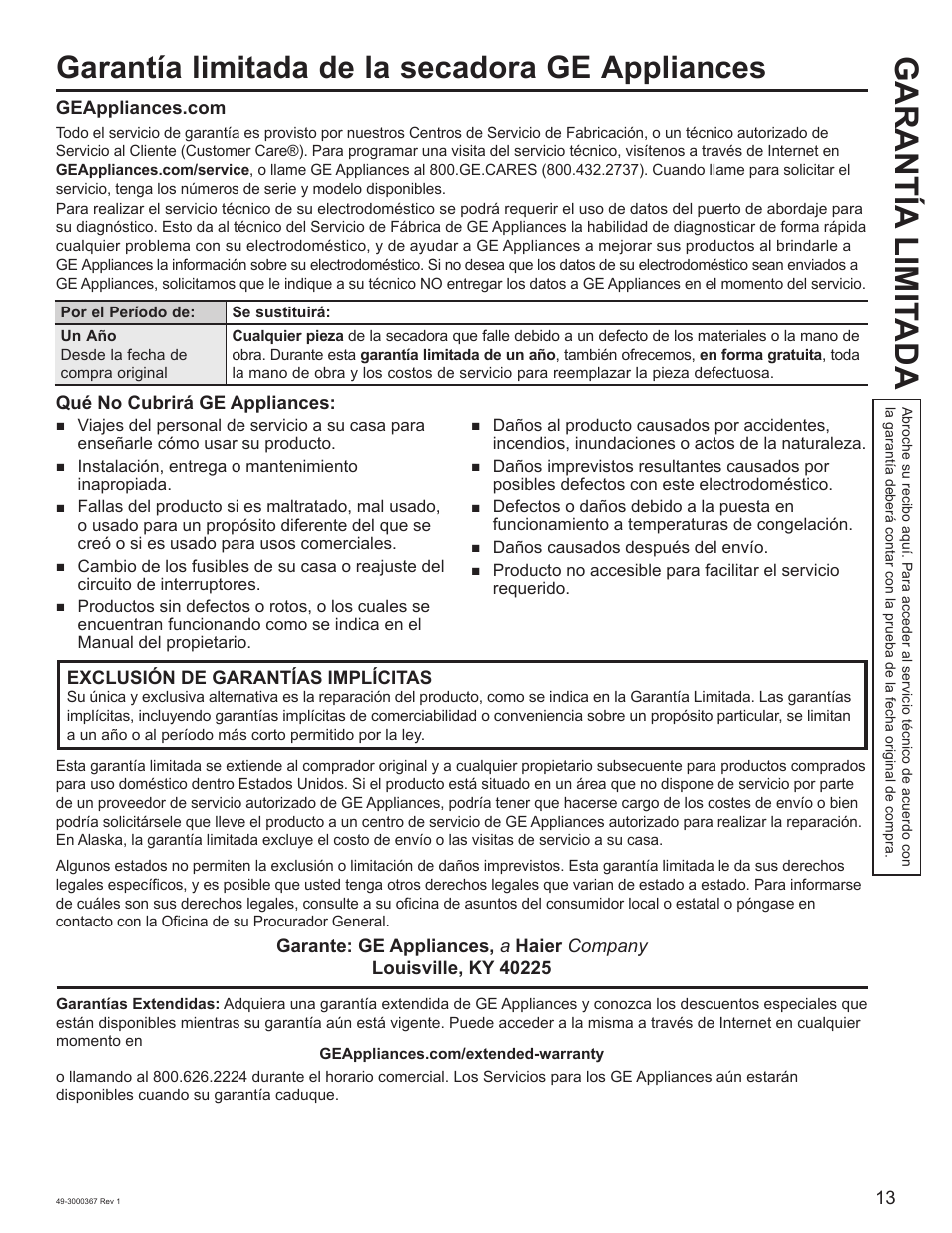 Garantía limit ada, Garantía limitada de la secadora ge appliances | Napoleon 48 Inch Phantom Rogue SE 425 Propane Grill Owner Guide User Manual | Page 27 / 28
