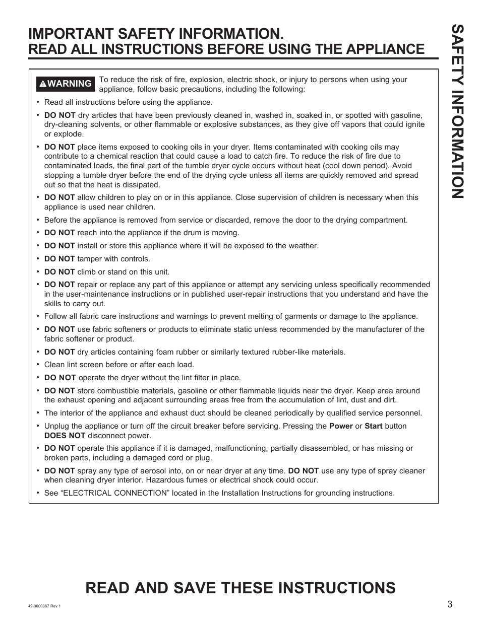 Safety informa t ion, Read and save these instructions, Important safety information | Read all instructions before using the appliance | Napoleon 48 Inch Phantom Rogue SE 425 Propane Grill Owner Guide User Manual | Page 3 / 28