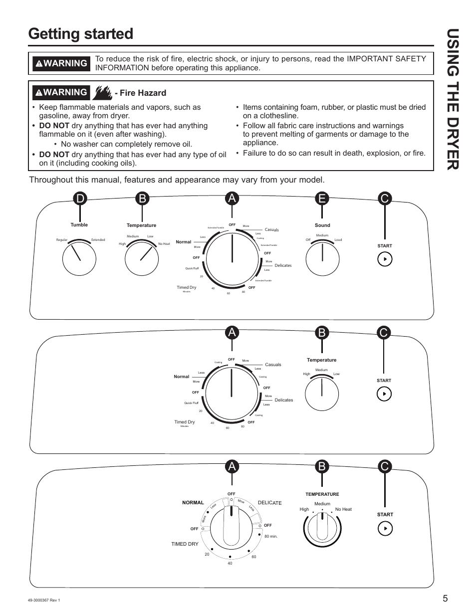 Using the dr yer getting started, Ab c d e, Ab c | Warning | Napoleon 48 Inch Phantom Rogue SE 425 Propane Grill Owner Guide User Manual | Page 5 / 28