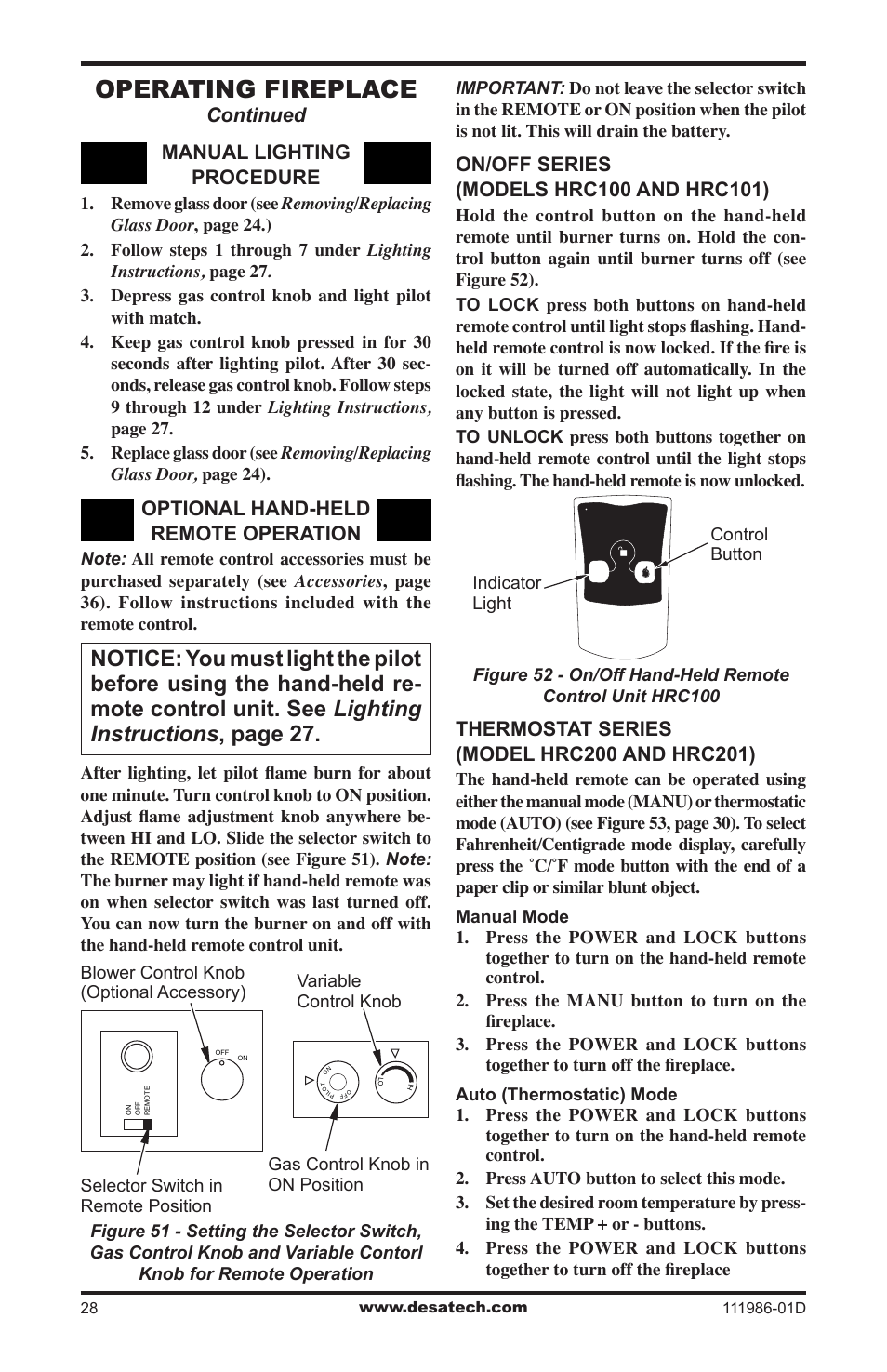 Operating fireplace, Continued manual lighting procedure, Optional hand-held remote operation | Desa (V)T32N SERIES User Manual | Page 28 / 40