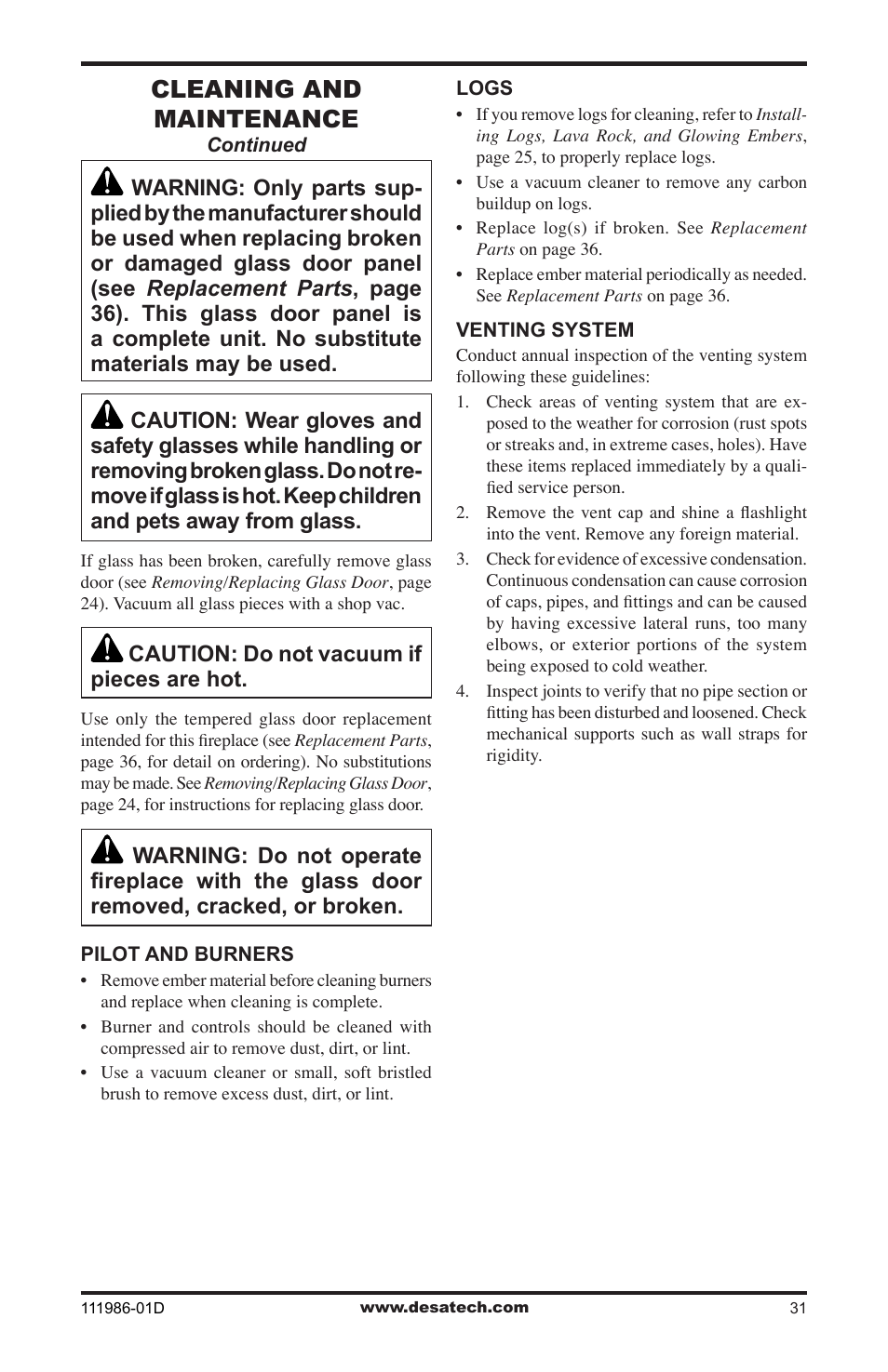 Cleaning and maintenance, Caution: do not vacuum if pieces are hot | Desa (V)T32N SERIES User Manual | Page 31 / 40
