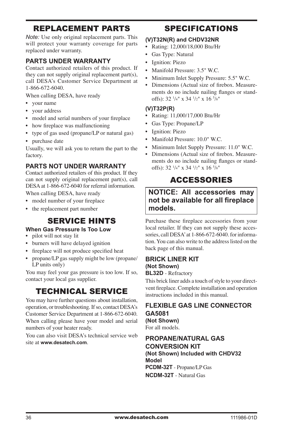 Replacement parts, Service hints, Technical service | Specifications, Accessories | Desa (V)T32N SERIES User Manual | Page 36 / 40