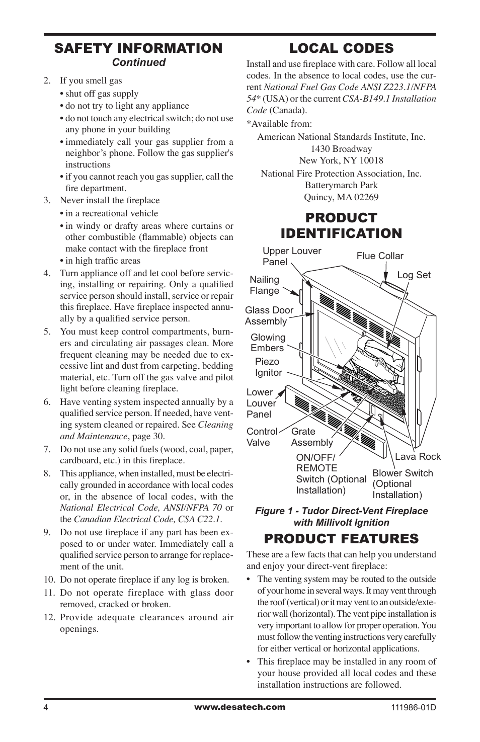 Local codes, Product identification, Product features | Safety information, Product identification product features | Desa (V)T32N SERIES User Manual | Page 4 / 40