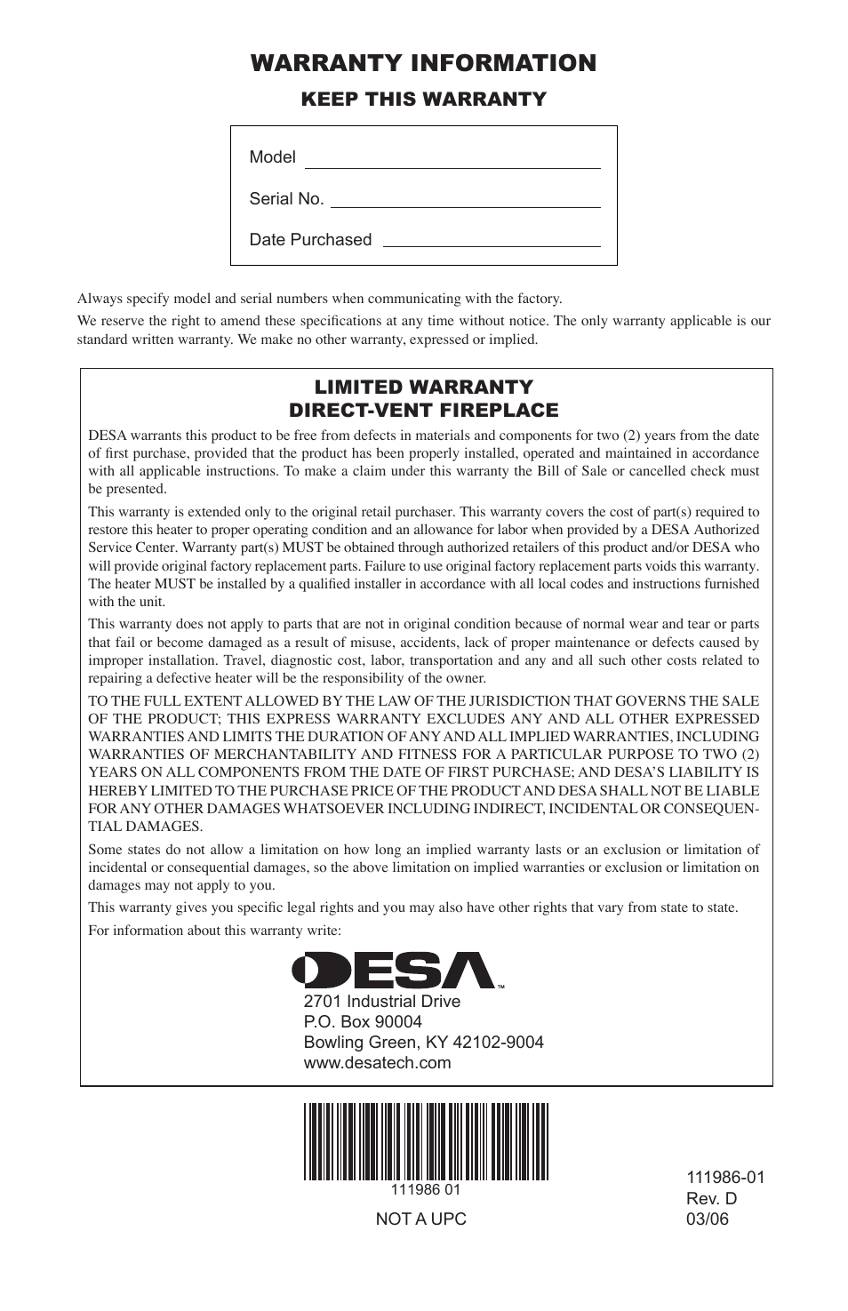 Warranty information, Keep this warranty, Limited warranty direct-vent fireplace | Desa (V)T32N SERIES User Manual | Page 40 / 40