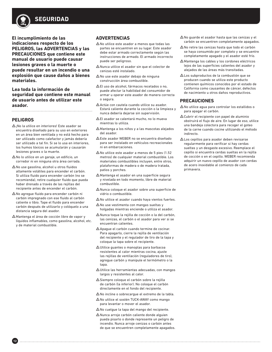 Seguridad, Peligros, Precauciones | weber Performer 22 Inch Performer® Deluxe Charcoal Grill Owner's Manual User Manual | Page 12 / 32