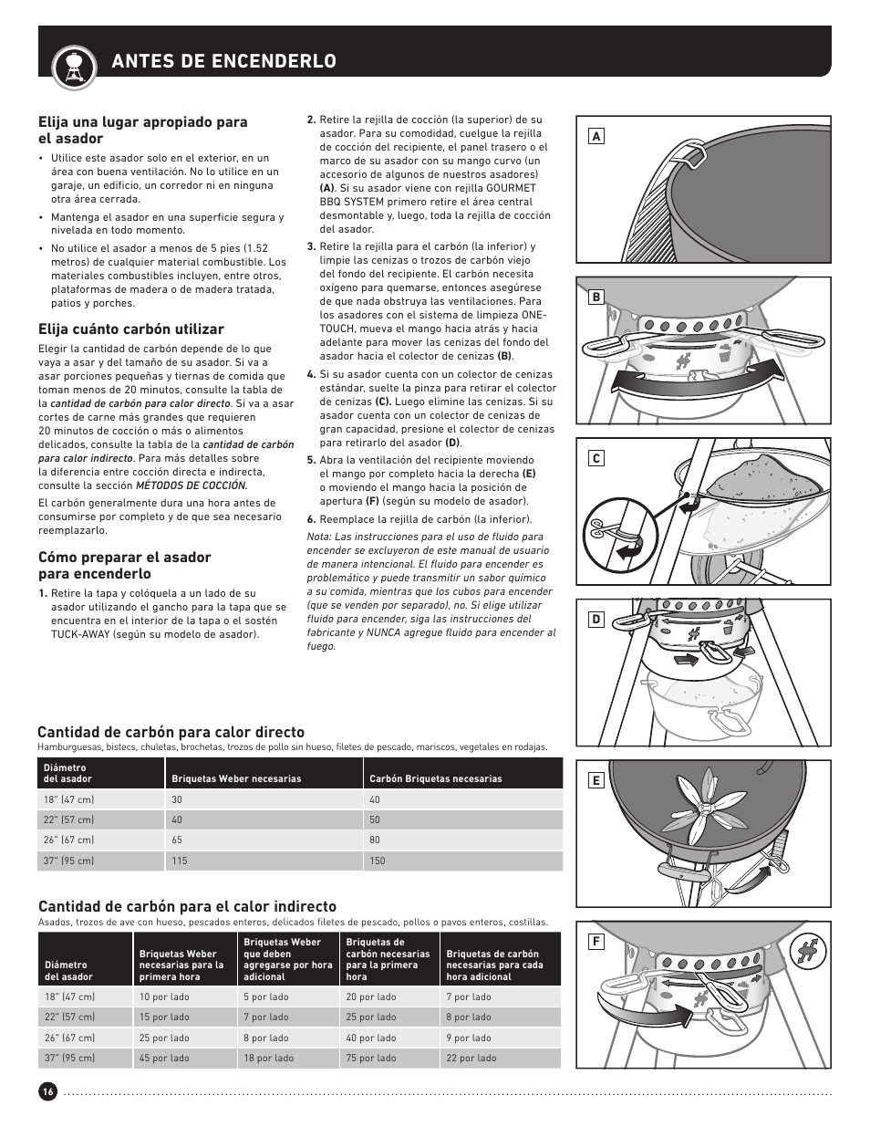 Antes de encenderlo, Elija una lugar apropiado para el asador, Elija cuánto carbón utilizar | Cómo preparar el asador para encenderlo, Cantidad de carbón para el calor indirecto, Cantidad de carbón para calor directo | weber Performer 22 Inch Performer® Deluxe Charcoal Grill Owner's Manual User Manual | Page 16 / 32