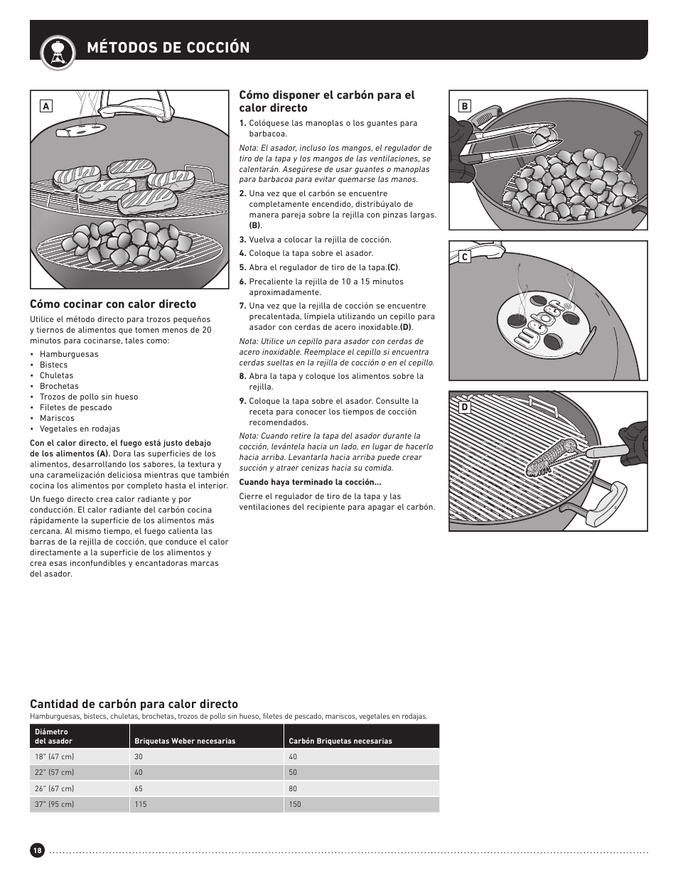 Métodos de cocción, Cómo disponer el carbón para el calor directo, Cómo cocinar con calor directo | Cantidad de carbón para calor directo | weber Performer 22 Inch Performer® Deluxe Charcoal Grill Owner's Manual User Manual | Page 18 / 32