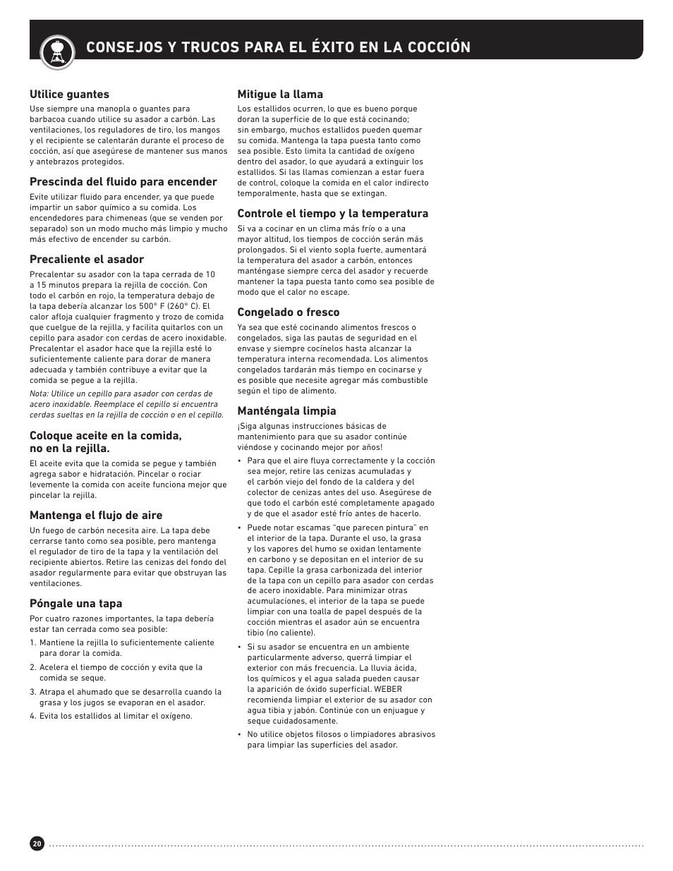 Consejos y trucos para el éxito en la cocción | weber Performer 22 Inch Performer® Deluxe Charcoal Grill Owner's Manual User Manual | Page 20 / 32