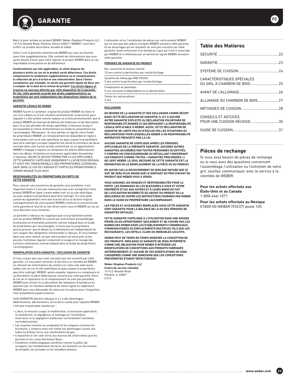 Garantie, Table des matieres, Pièces de rechange | weber Performer 22 Inch Performer® Deluxe Charcoal Grill Owner's Manual User Manual | Page 23 / 32