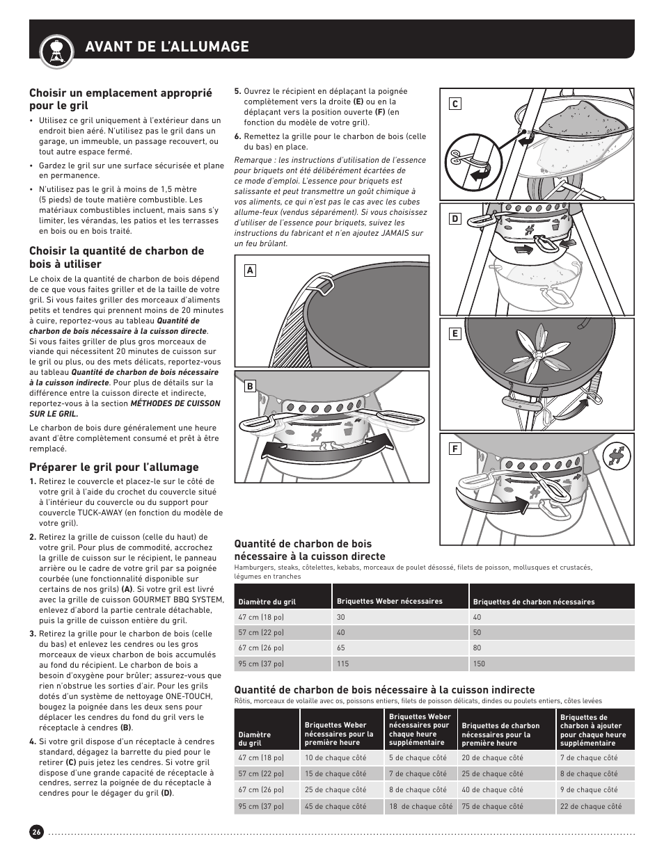 Avant de l’allumage, Choisir un emplacement approprié pour le gril, Choisir la quantité de charbon de bois à utiliser | Préparer le gril pour l’allumage | weber Performer 22 Inch Performer® Deluxe Charcoal Grill Owner's Manual User Manual | Page 26 / 32