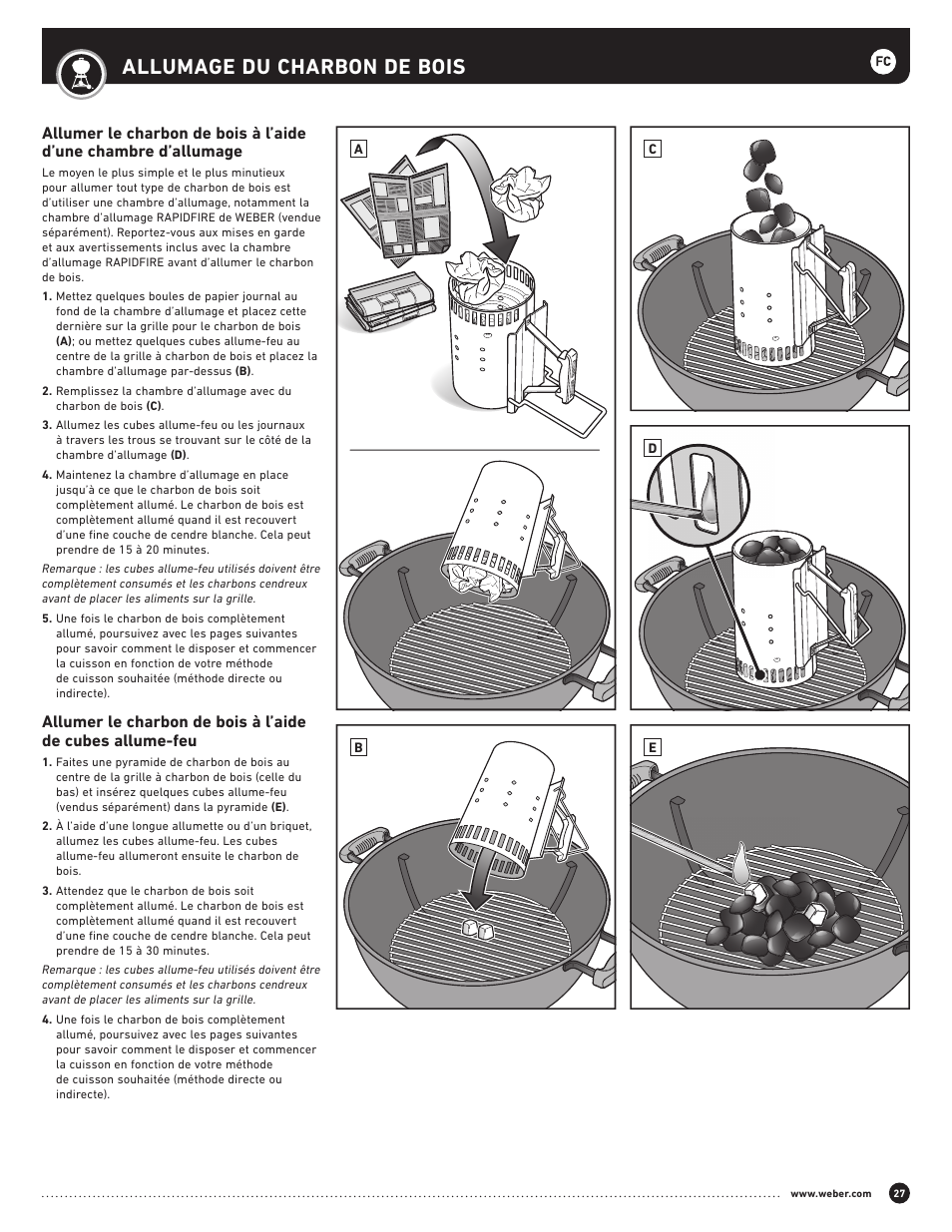 Allumage du charbon de bois | weber Performer 22 Inch Performer® Deluxe Charcoal Grill Owner's Manual User Manual | Page 27 / 32