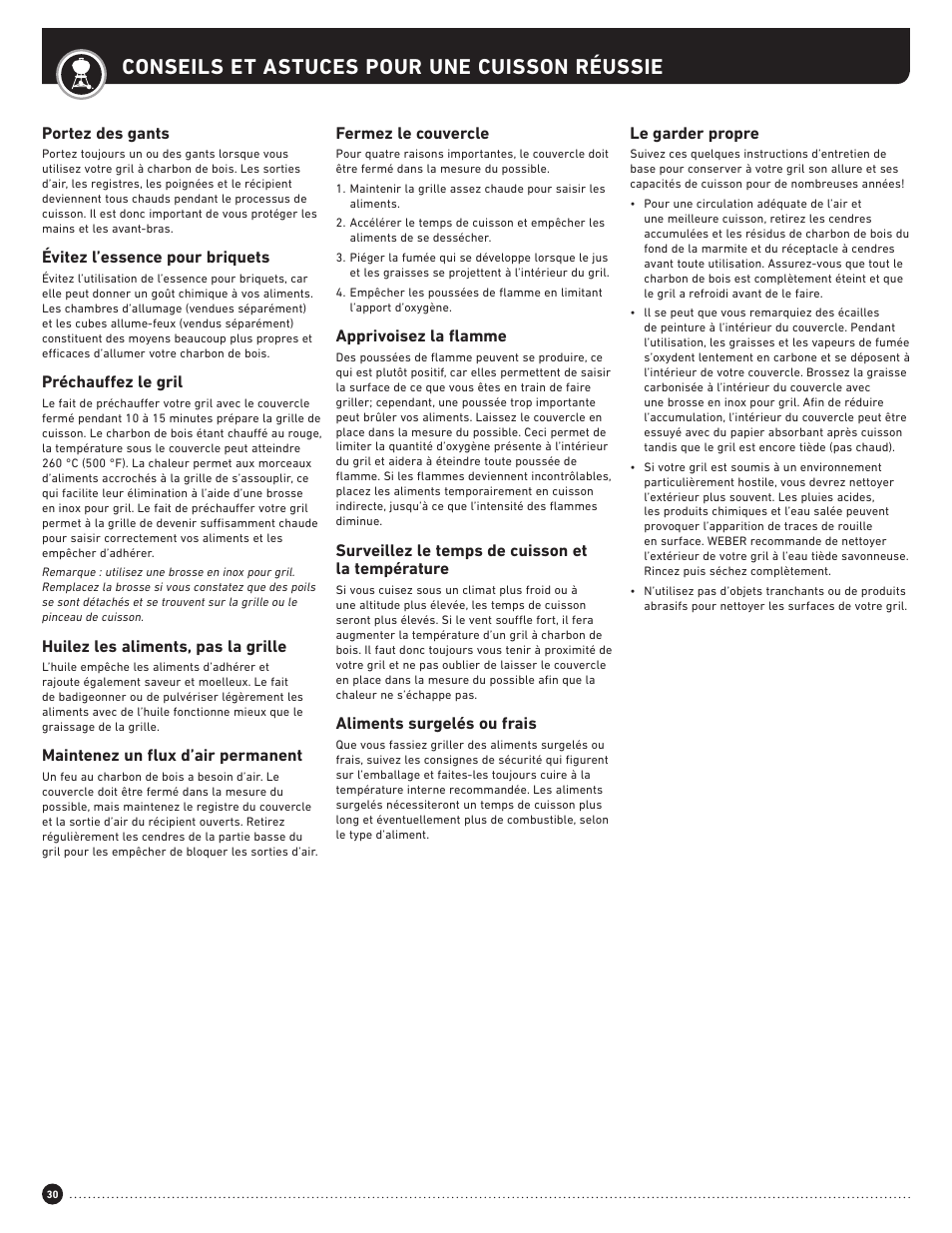 Conseils et astuces pour une cuisson réussie | weber Performer 22 Inch Performer® Deluxe Charcoal Grill Owner's Manual User Manual | Page 30 / 32