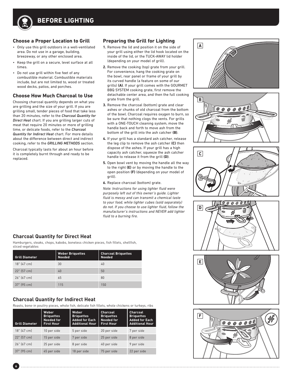 Before lighting, Choose a proper location to grill, Choose how much charcoal to use | Preparing the grill for lighting, Charcoal quantity for indirect heat, Charcoal quantity for direct heat | weber Performer 22 Inch Performer® Deluxe Charcoal Grill Owner's Manual User Manual | Page 6 / 32