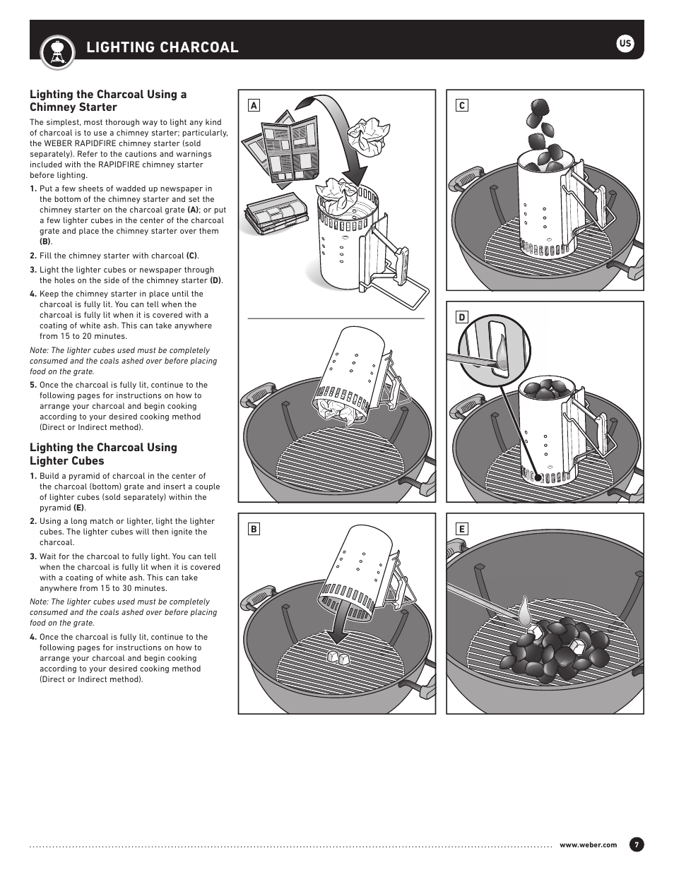 Lighting charcoal, Lighting the charcoal using a chimney starter, Lighting the charcoal using lighter cubes | weber Performer 22 Inch Performer® Deluxe Charcoal Grill Owner's Manual User Manual | Page 7 / 32