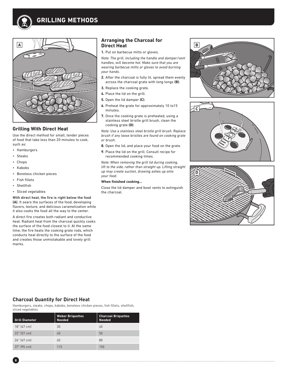 Grilling methods, Arranging the charcoal for direct heat, Grilling with direct heat | Charcoal quantity for direct heat | weber Performer 22 Inch Performer® Deluxe Charcoal Grill Owner's Manual User Manual | Page 8 / 32