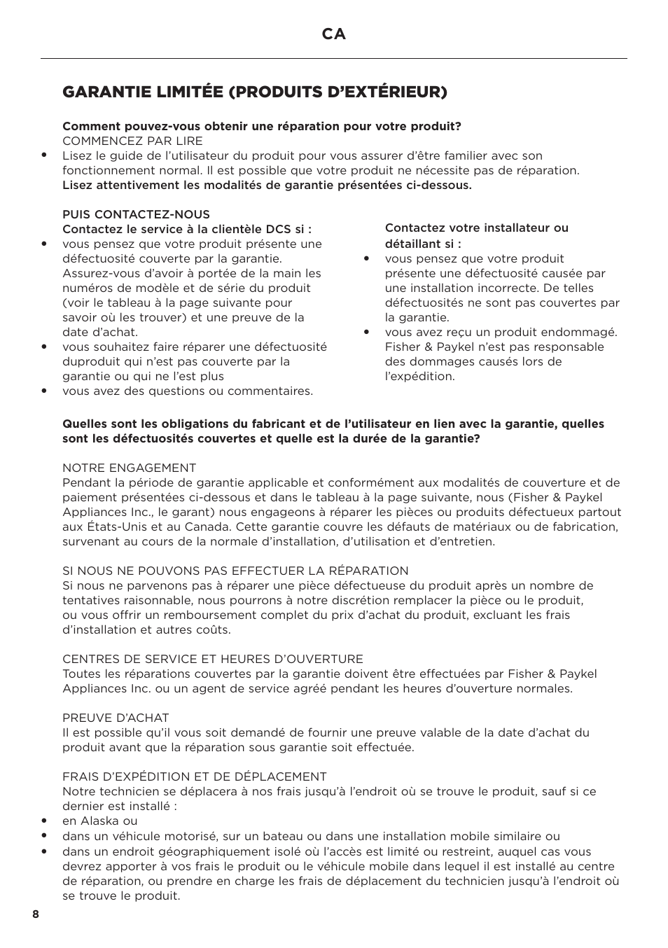 Garantie limitée (produits d’extérieur) | DCS Series 7 48 Inch Built-In Gas Grill Service and Warranty User Manual | Page 10 / 24