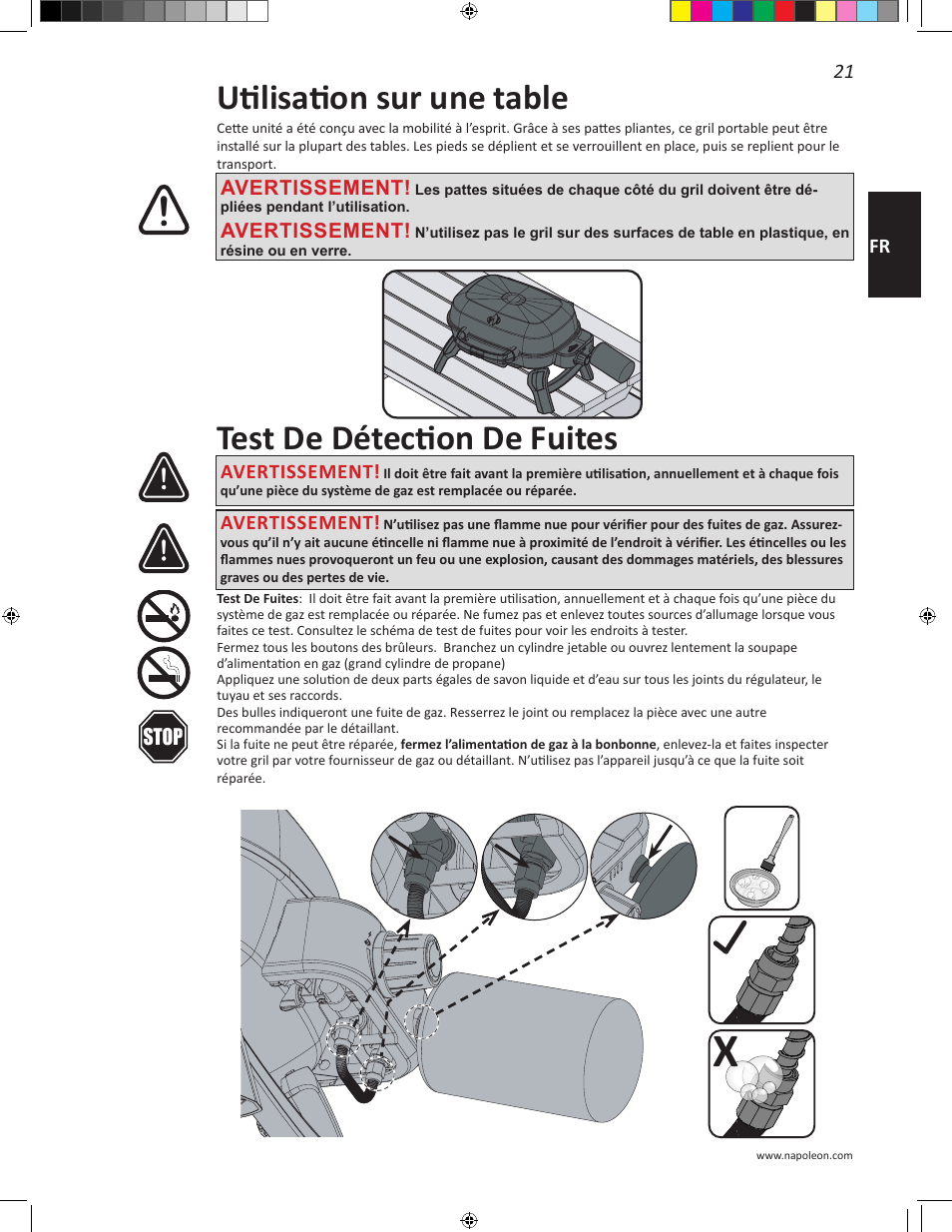 Test de détection de fuites, Utilisation sur une table | Napoleon Travel Q Series 26 Inch TravelQ™ 240 Portable Gas Grill Manual User Manual | Page 21 / 32