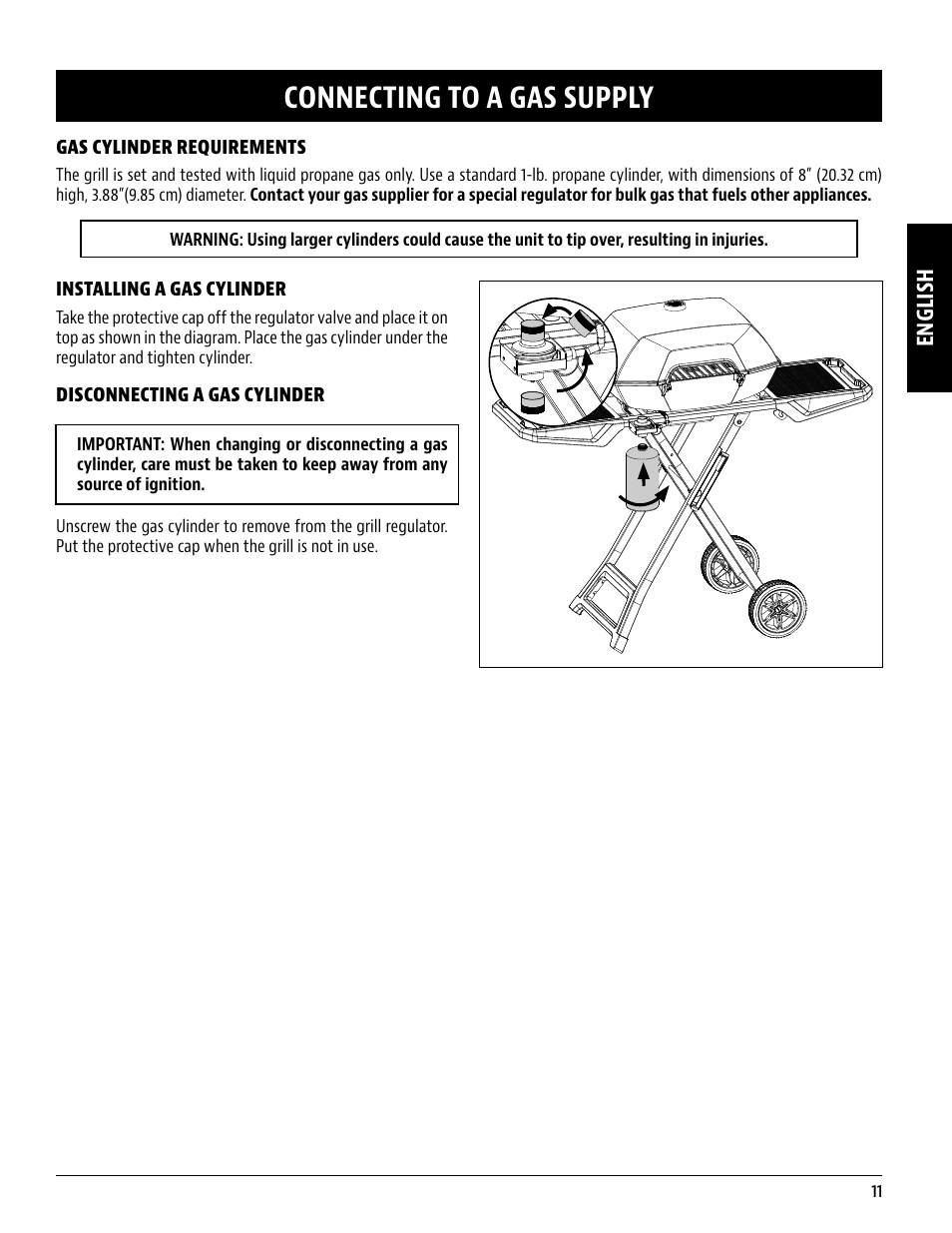 Connecting to a gas supply, English | Pit Boss 45 Inch Portable Gas Grill Owners Guide User Manual | Page 11 / 40