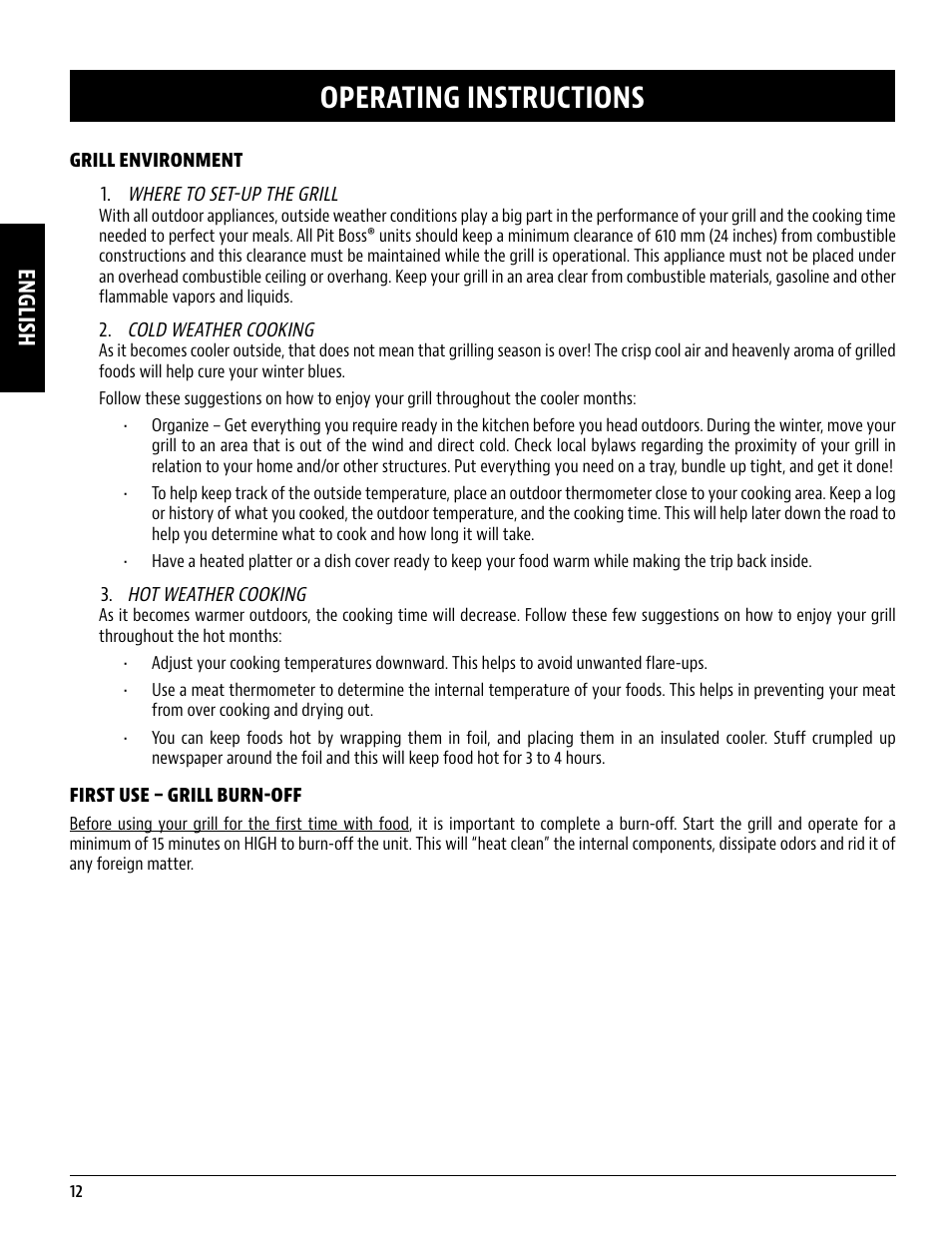 Operating instructions, English | Pit Boss 45 Inch Portable Gas Grill Owners Guide User Manual | Page 12 / 40