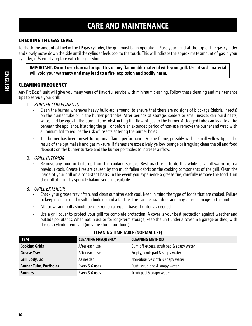 Care and maintenance, English | Pit Boss 45 Inch Portable Gas Grill Owners Guide User Manual | Page 16 / 40