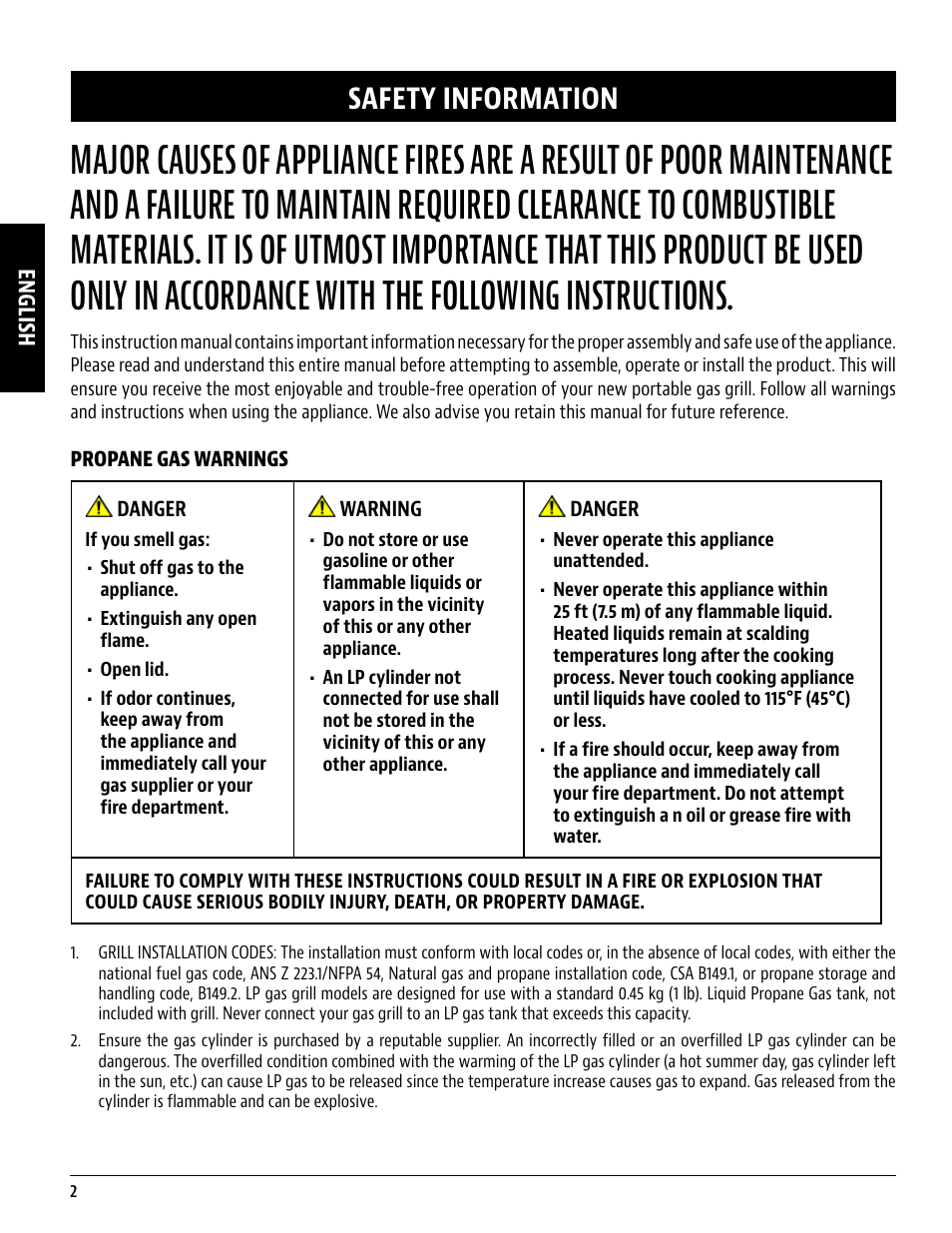 Safety information | Pit Boss 45 Inch Portable Gas Grill Owners Guide User Manual | Page 2 / 40