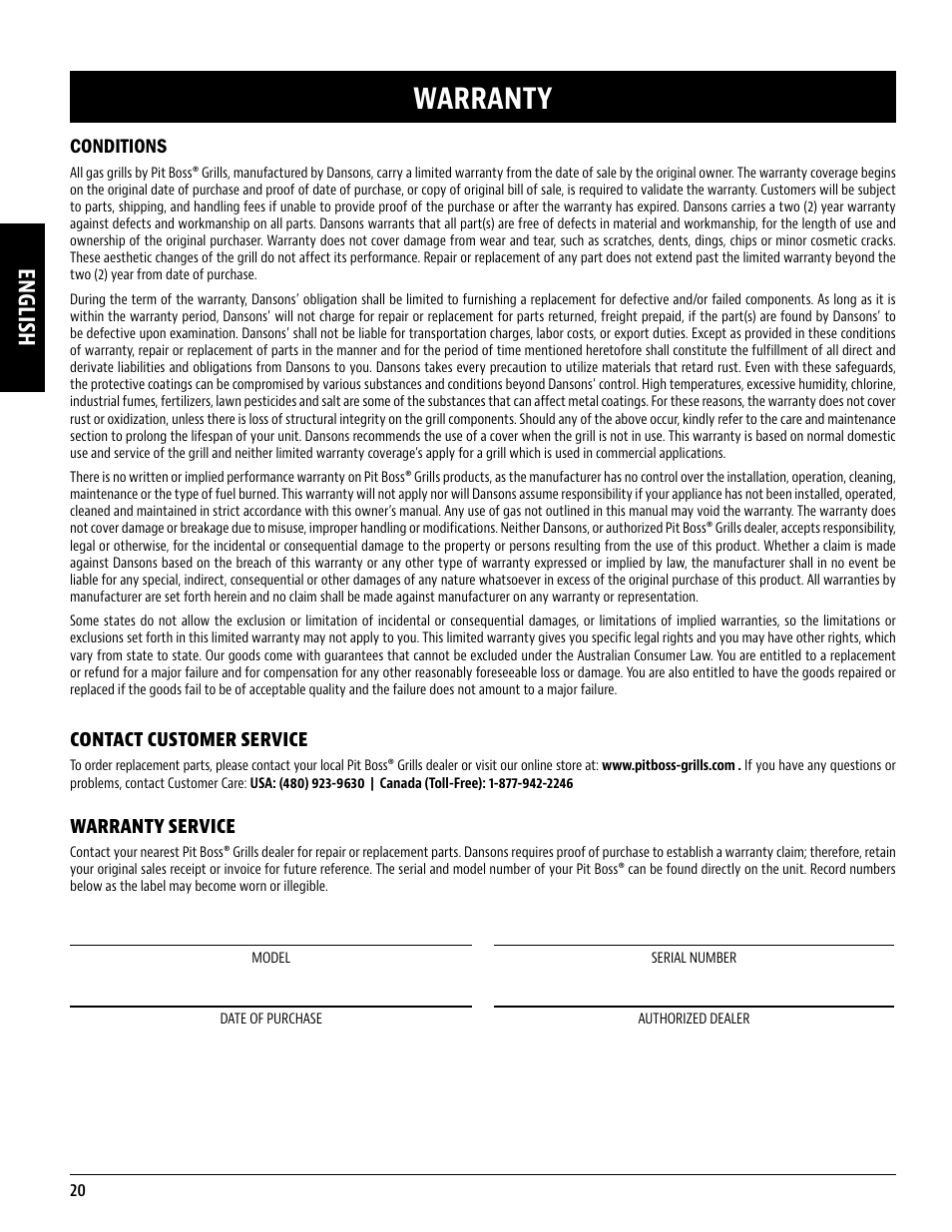 Warranty, English, Conditions | Contact customer service, Warranty service | Pit Boss 45 Inch Portable Gas Grill Owners Guide User Manual | Page 20 / 40