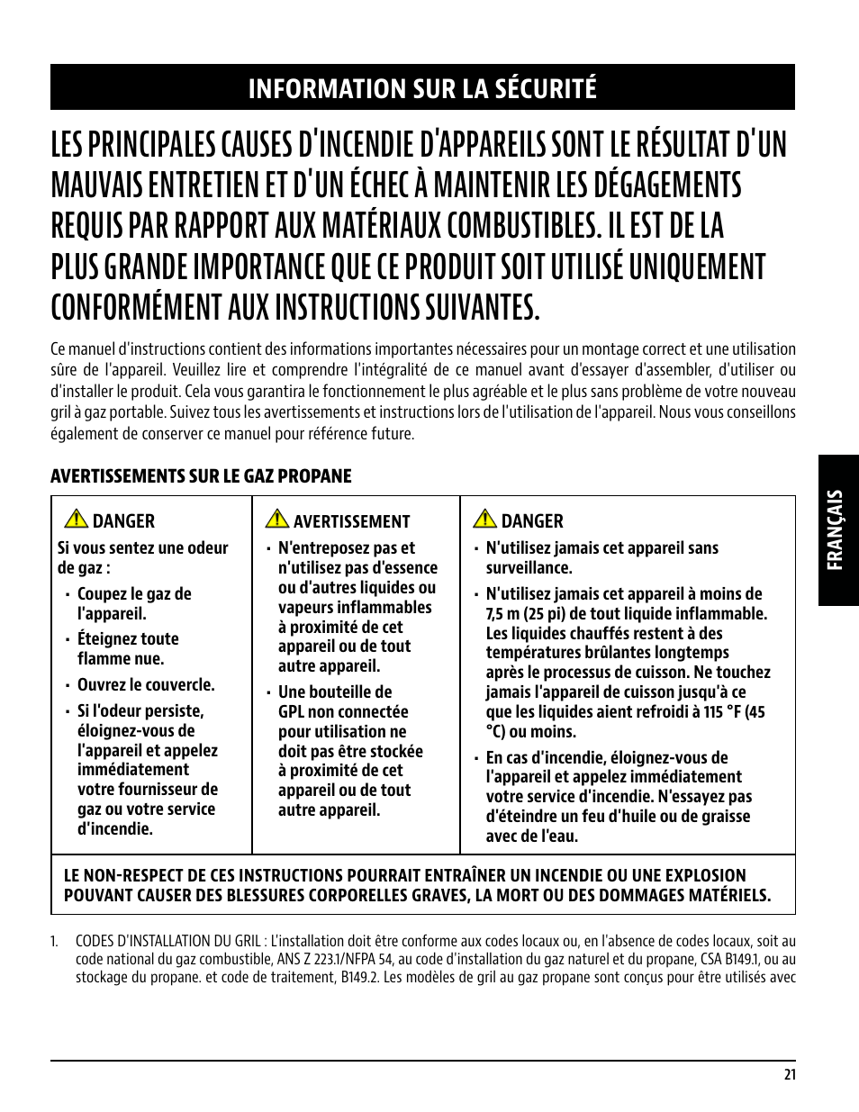 Information sur la sécurité | Pit Boss 45 Inch Portable Gas Grill Owners Guide User Manual | Page 21 / 40