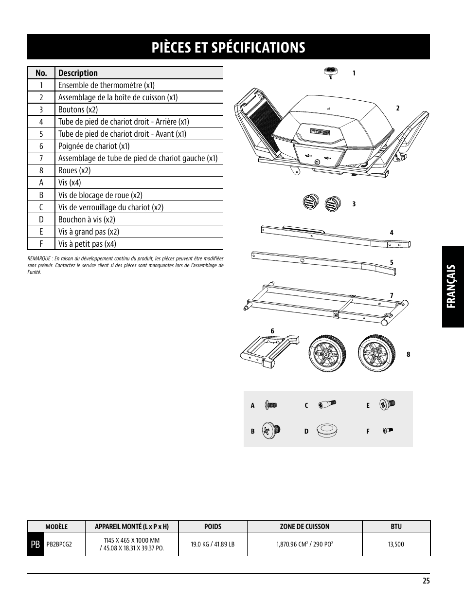 Pièces et spécifications, Français | Pit Boss 45 Inch Portable Gas Grill Owners Guide User Manual | Page 25 / 40