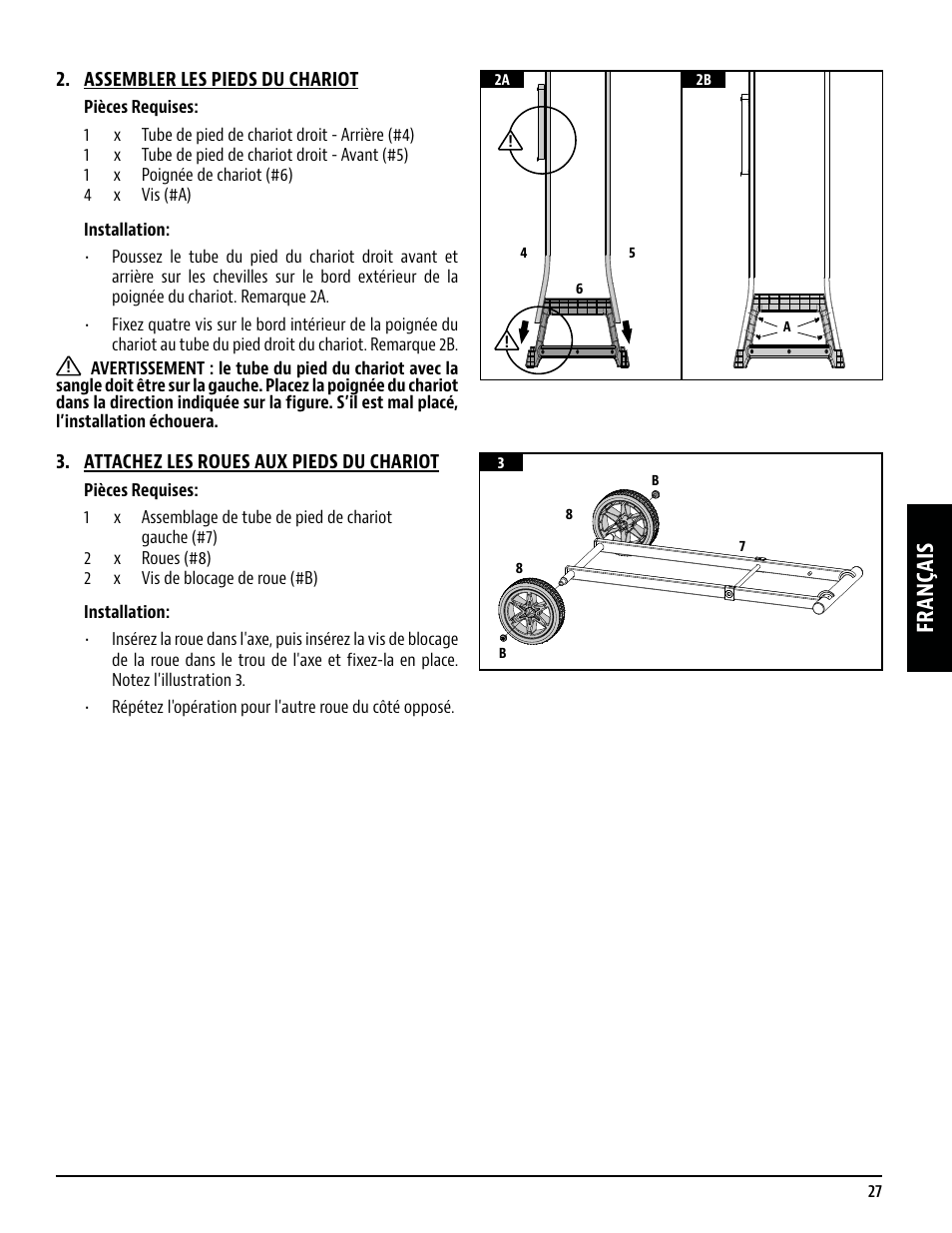 Français, Assembler les pieds du chariot, Attachez les roues aux pieds du chariot | Pit Boss 45 Inch Portable Gas Grill Owners Guide User Manual | Page 27 / 40
